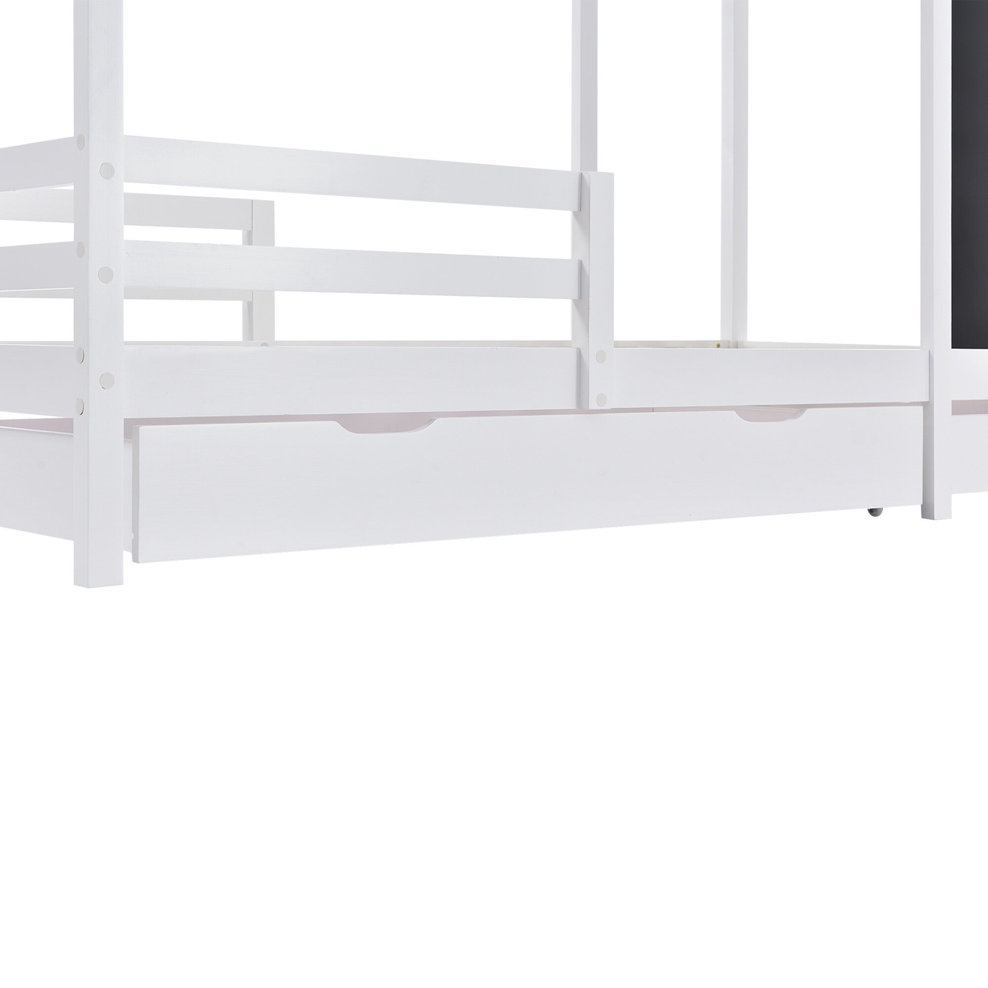 URBAN MEUBLE Lit enfant lit cabane 90 x 200 cm avec 2 tiroirs, bois massif avec clôture et sommier à lattes, blanc (sans matelas) - 6