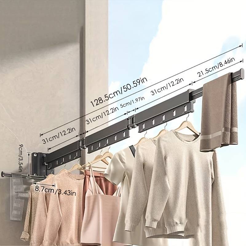 Étendoir à linge mural pliable 128,5 cm, installation sans perçage ou à vis, anti-vent et résistant, pour balcon et salle de bain - 8