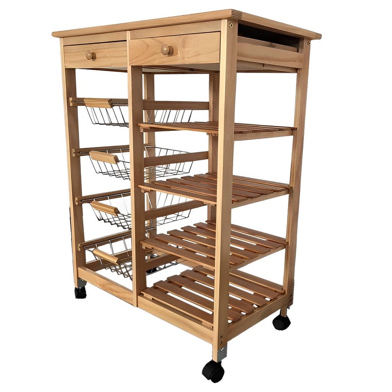 Meyvaser – podwójny wózek kuchenny na kółkach z 4 koszami, 4 półkami i 2 szufladami na kółkach, kolor miodowy 85 x 67 x 37 cm