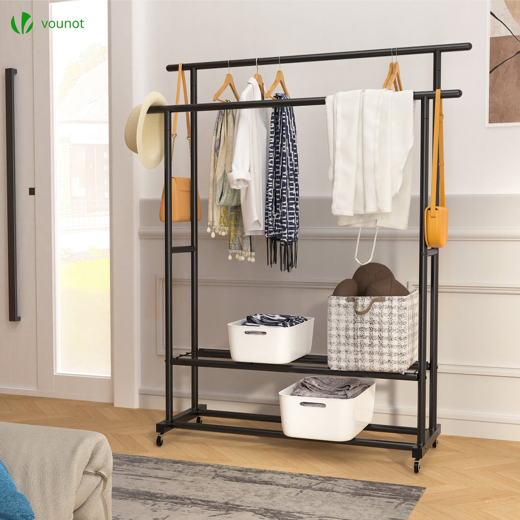 Portant a Vetements double avec roulettes et 2 etageres de rangement 120x40x146cm metal Noir VOUNOT® - 6