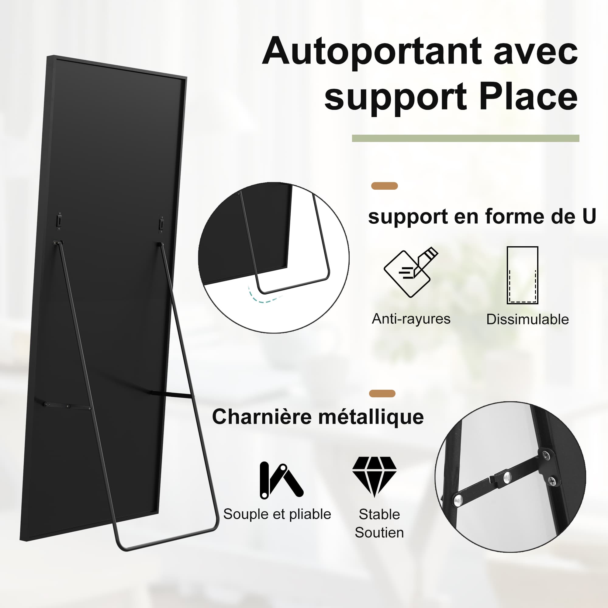 Espejo cuadrado de cuerpo entero de 164*54 cm (negro, marco de aluminio): se puede montar en la pared o inclinar. - 4