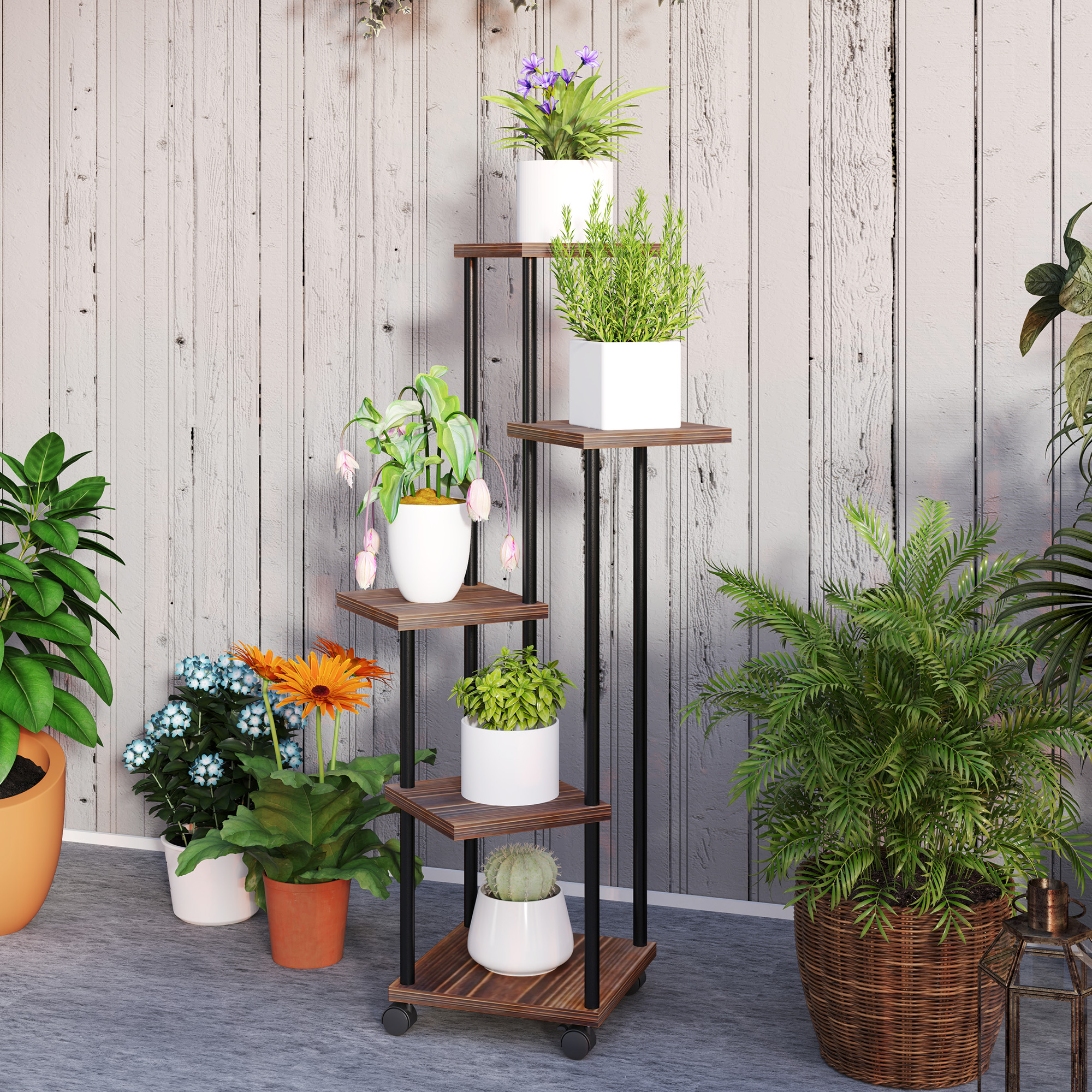 Étagère plantes 5 niveaux avec roulettes, support fleurs intérieur extérieur en acier et bois 110cm - 7
