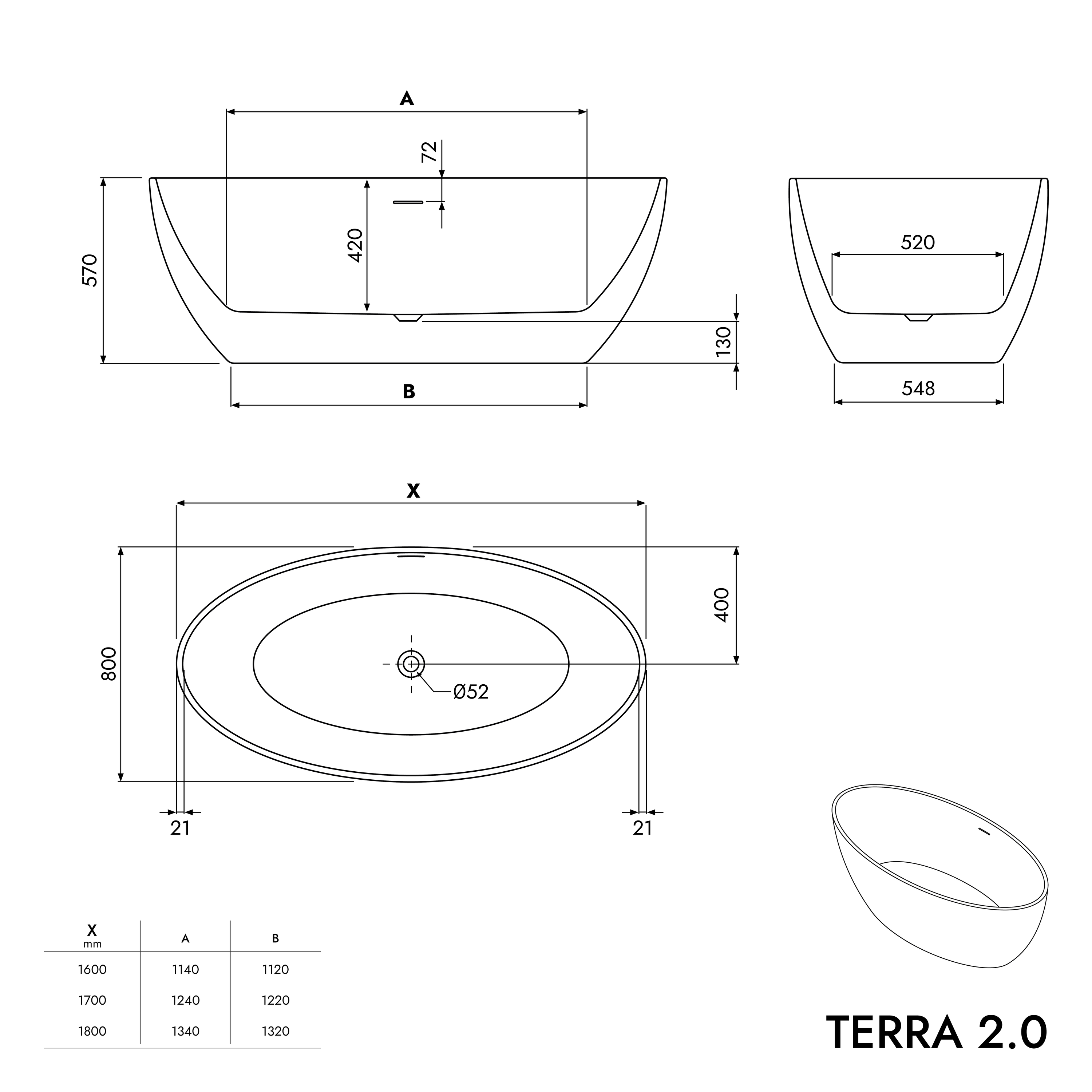 BERNSTEIN - Baignoire îlot Acrylique ovale 160x80x60cm Blanc brillant + Bonde et trop plein - TERRA 2.0 - 5