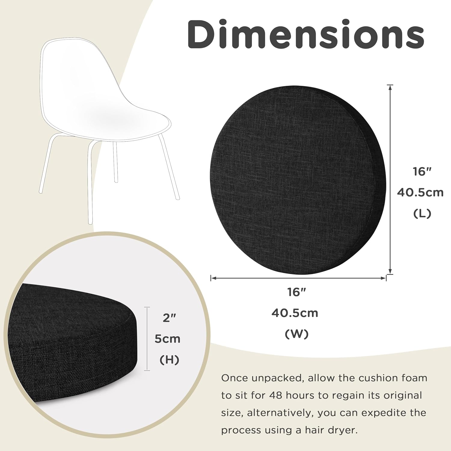 Lot de 1 coussin de chaise rond doux et épais pour chaises de salle à manger, cuisine, avec housse amovible, antidérapant (40,6 cm, noir) - 2