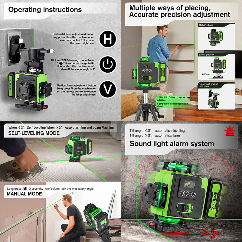 Livella laser 4D a 16 linee, controllabile a distanza tramite applicazione, linea orizzontale verde autolivellante a 360°,fornita con treppiede da 1 m - 7