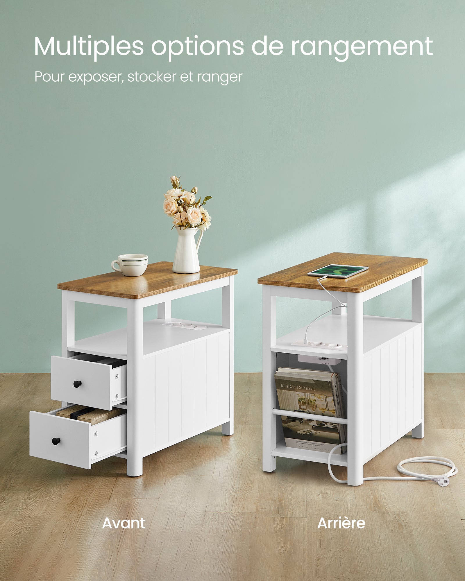 Table d’Appoint avec Multiprise, Petite Table Basse avec Étagère de Rangement, Marron Chêne et Blanc - 3