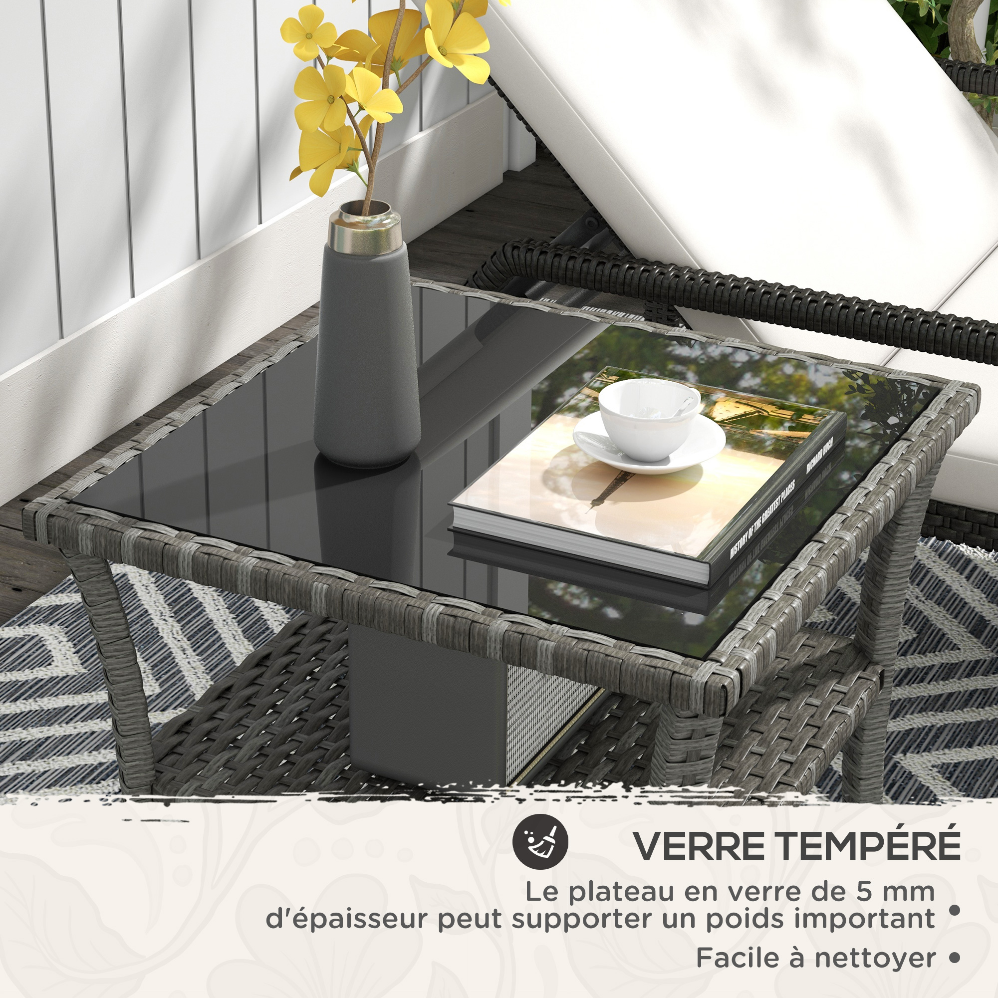 Table basse de jardin carré en Résine tressée Gris 4 places - 6