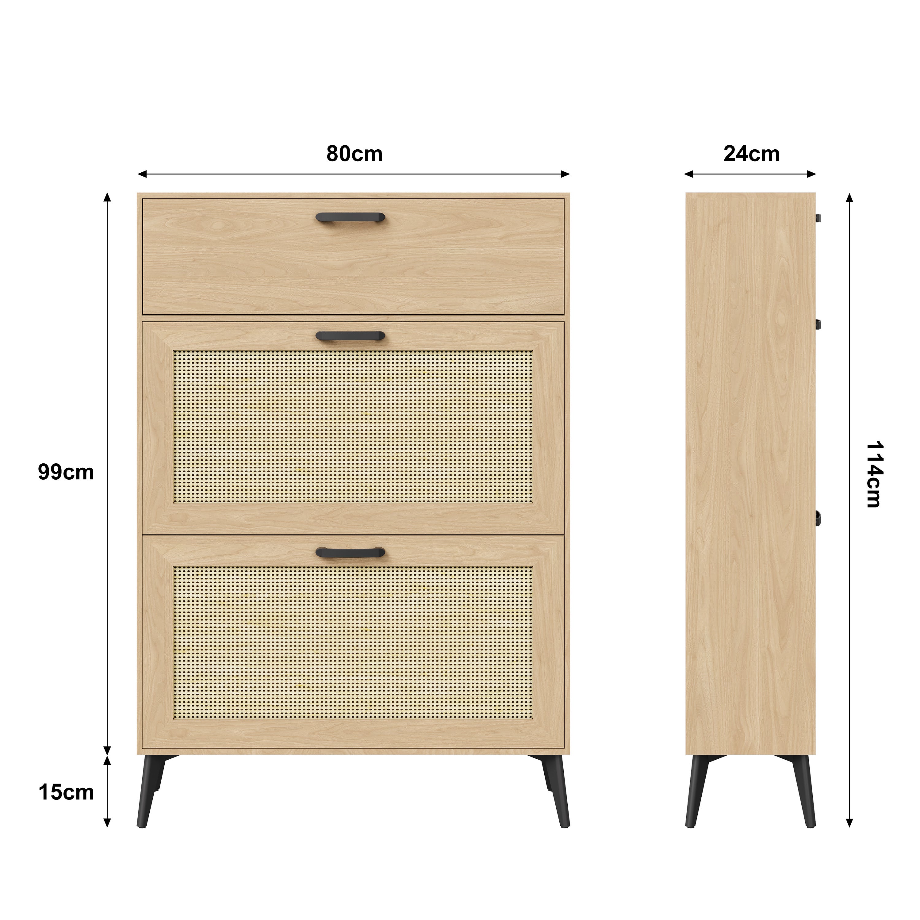 Meuble à chaussures étroit, tiroir en haut, portes à deux niveaux en osier, avec étagère à chaussures rabattable, couloir, teinte bois clair - 4
