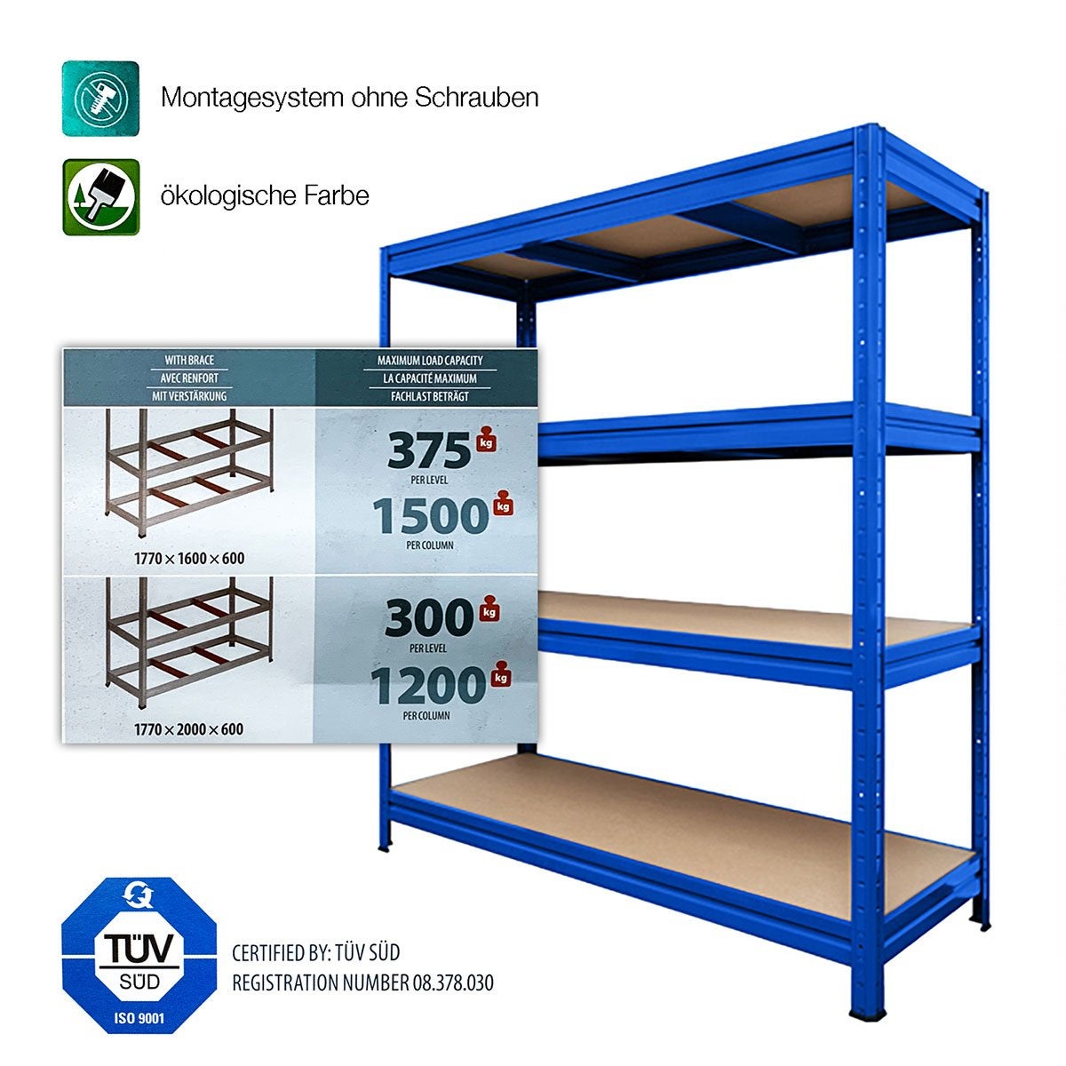 Rayonnage Étagère charge lourde Tôle d'acier 4 Étages Bleu 200 x 150 x 60 cm, Capacité de charge jusqu'à 1500 kg - 7