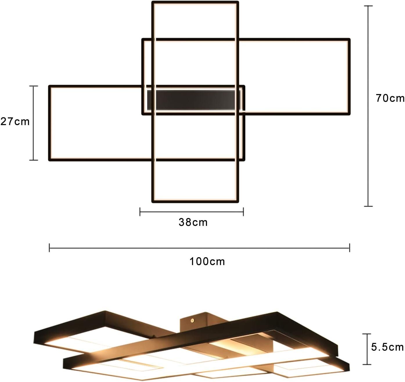 NETTLIFE Lámpara techo ajustable 100x70x8cm, 3 LED negras cuadradas, Control remoto, Iluminación acrílica 88W - 4
