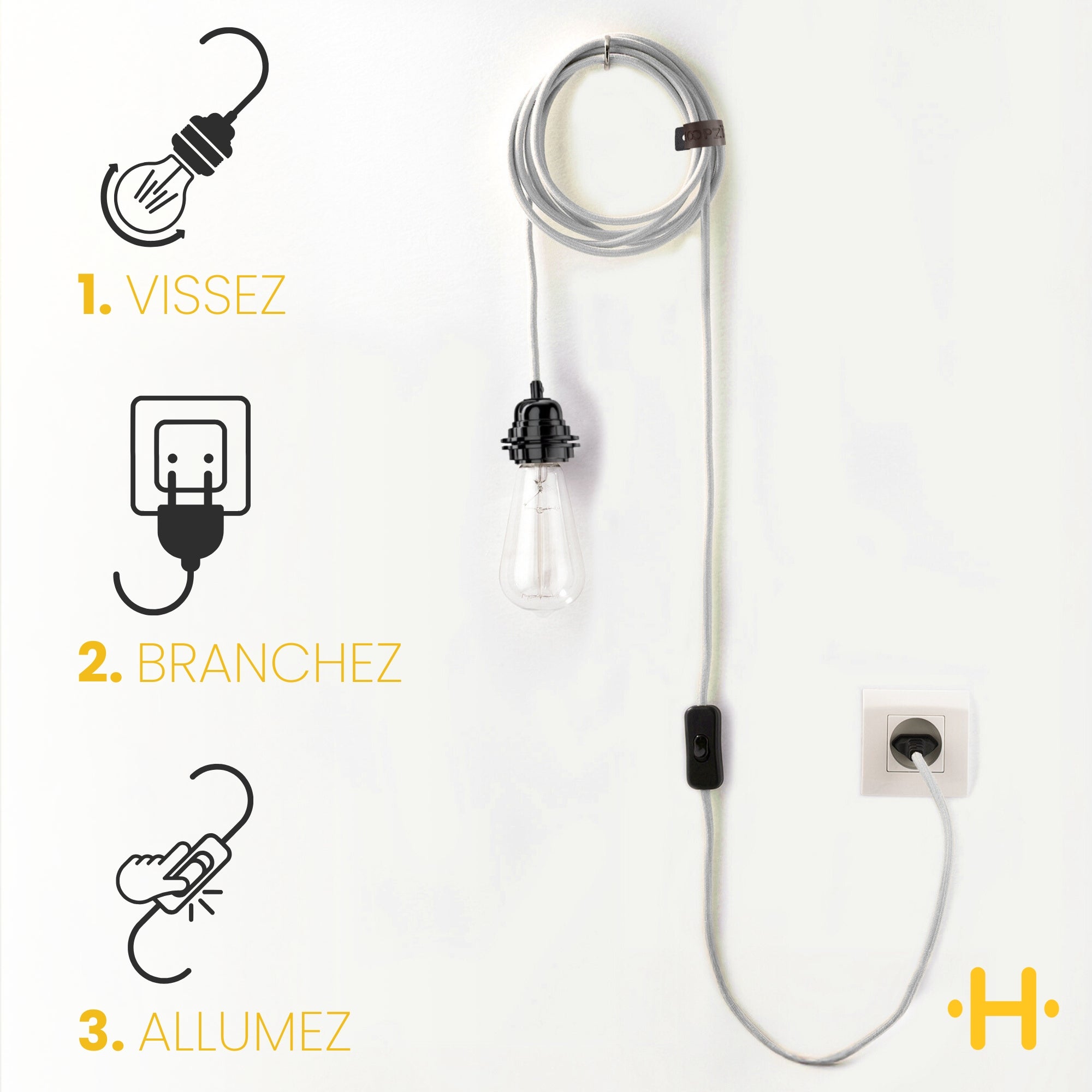 Câble luminaire orange avec prise 4,5 m - interrupteur et douille E27 - Hoopzi Bala - 4