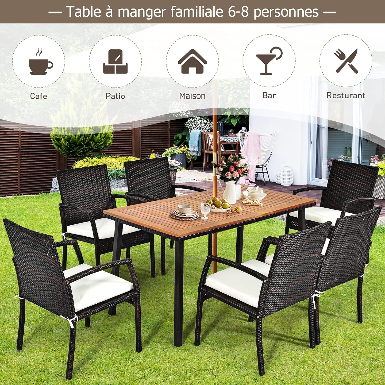 Table de Jardin en Acacia Massif Certifié FSC, avec Trou de Parasol, 140Lx75lx76H CM,Table à Manger d'Extérieur 6-8 Personnes, Naturel - 7