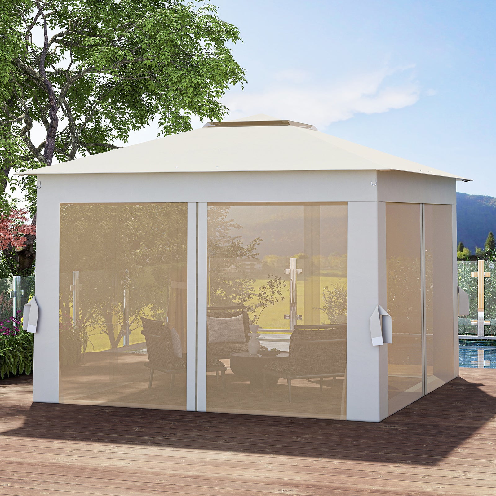 Tonnelle de Jardin 337 x 337 CM avec Filet en Maille 4 Côtés, Tente de Réception à Double Toit avec Sac de Transport Protection Solaire, Beige - 4