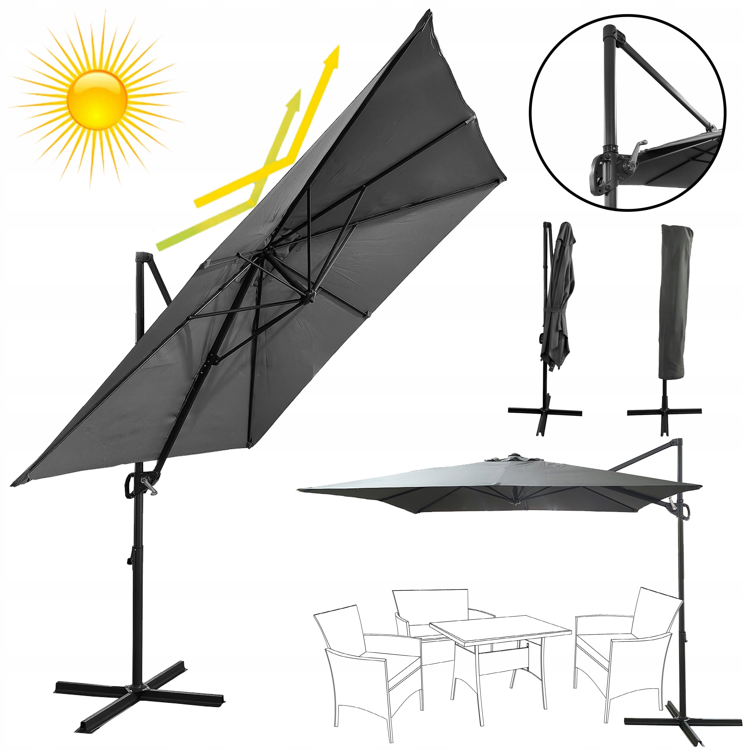 Duży solidny rozkładany regulowany parasol ogrodowy 250cm Seattle c. szary