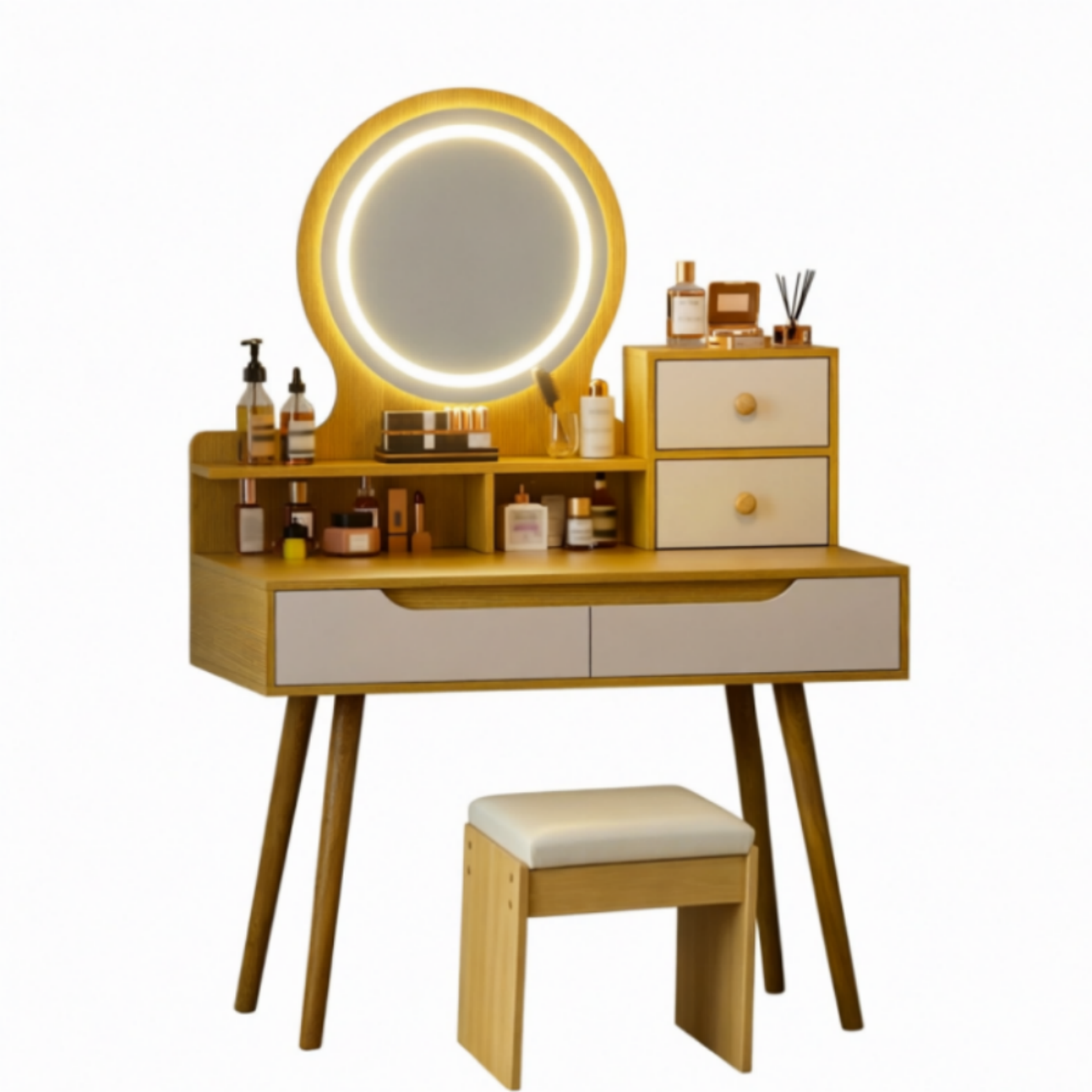 Coiffeuse，Avec miroir et éclairage LED，Lumière réglable，Avec tabouret inclus，Grande surface de travail，135 x 80 x 40 cm，Bois clair - 8