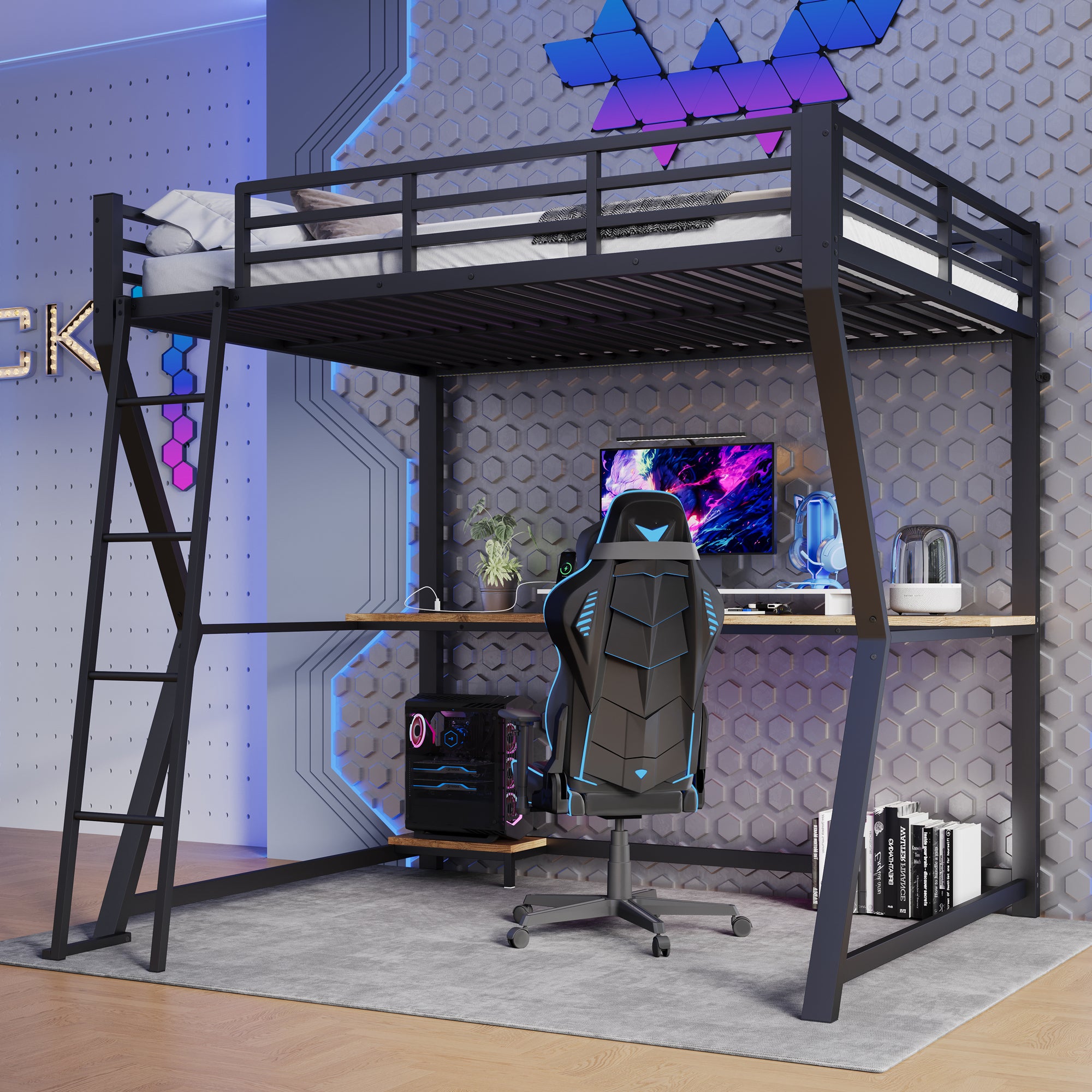 Lit mezzanine 140x200 cm - avec éclairage LED - avec bureau - prise de courant + USB - avec escalier - noir - 3