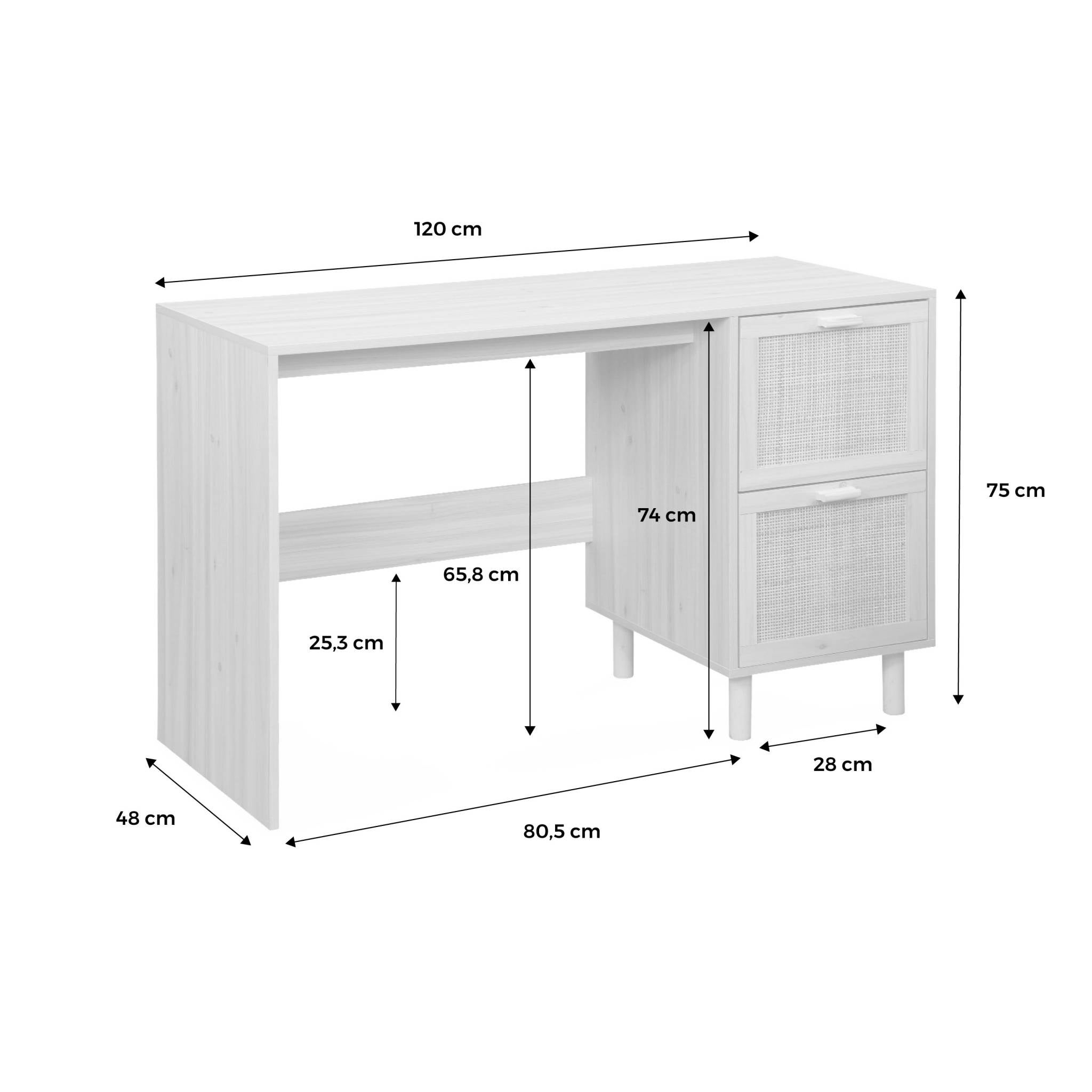 Bureau décor bois et cannage - Camargue - 120cm. 2 tiroirs - 4
