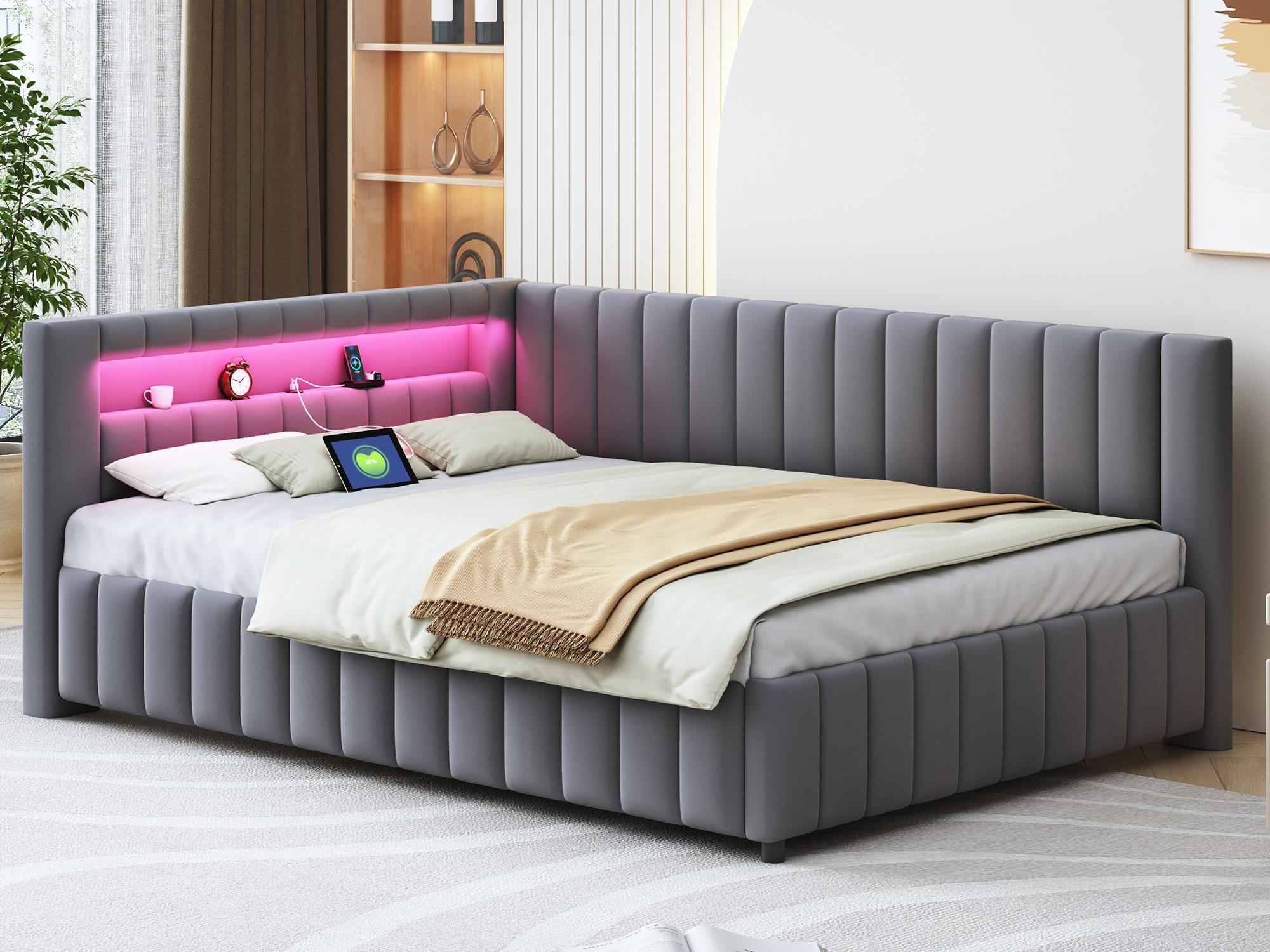 Łóżko tapicerowane aksamitem - 140x200 cm - z oświetleniem LED i wtyczką USB - Szare (materac nie wchodzi w skład zestawu)