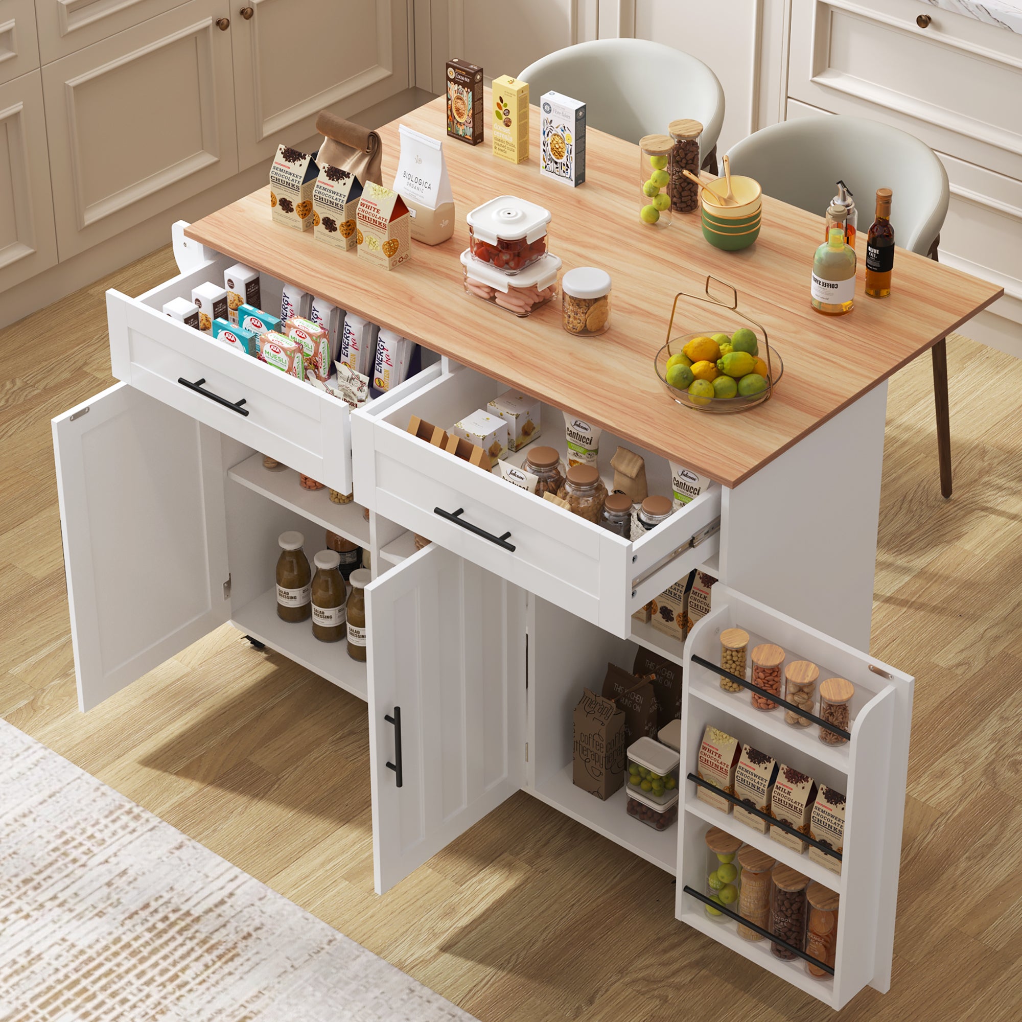 Mobilna wyspa kuchenna z 3 drzwiami i 2 szufladami - 129 x 46/71 x 91,5 cm - MDF - Wysuwany blat - Biały