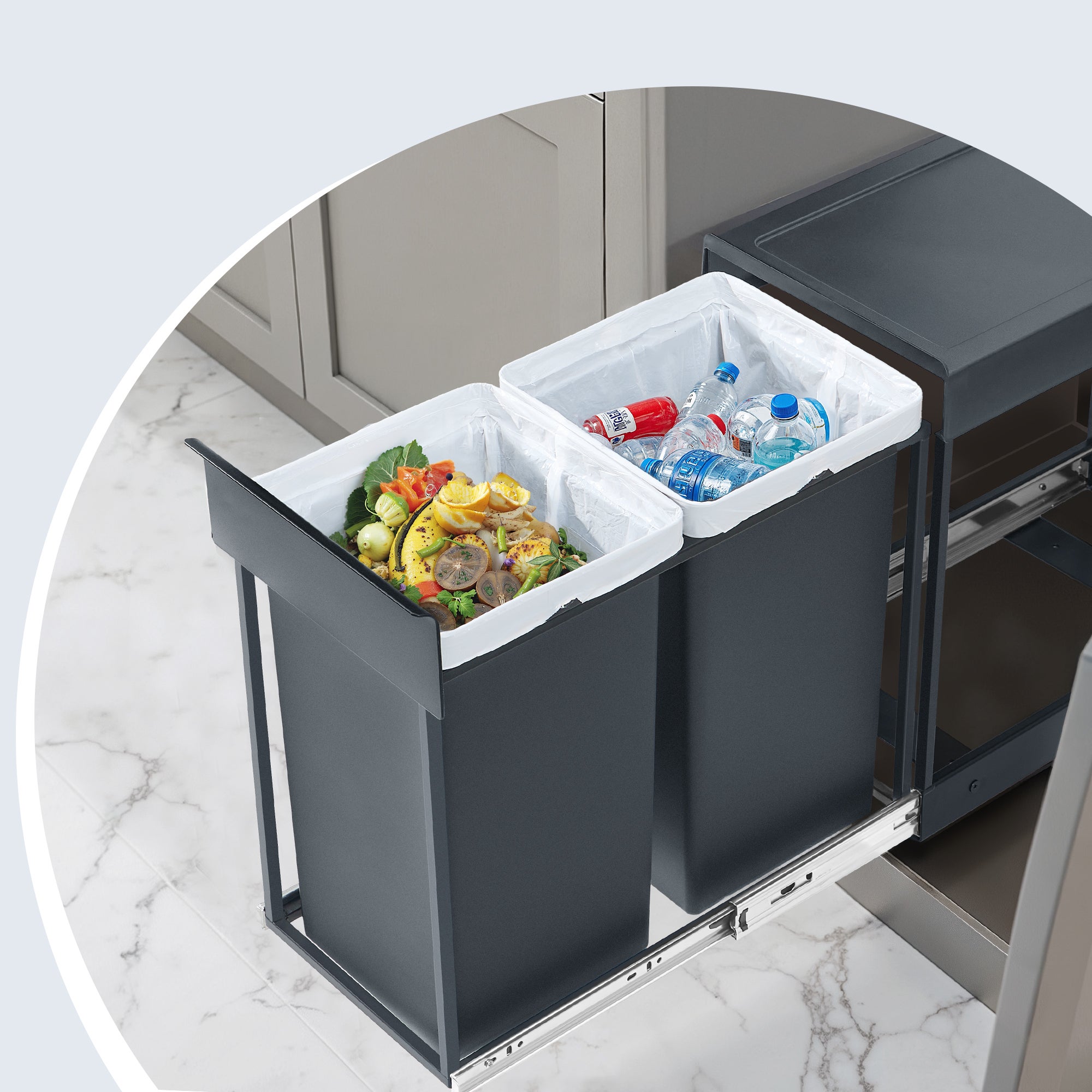 SONGMICS Poubelle de Cuisine Extractible, 2 x 15 L, en Acier, Couvercle en Plastique ABS, Gris - 4