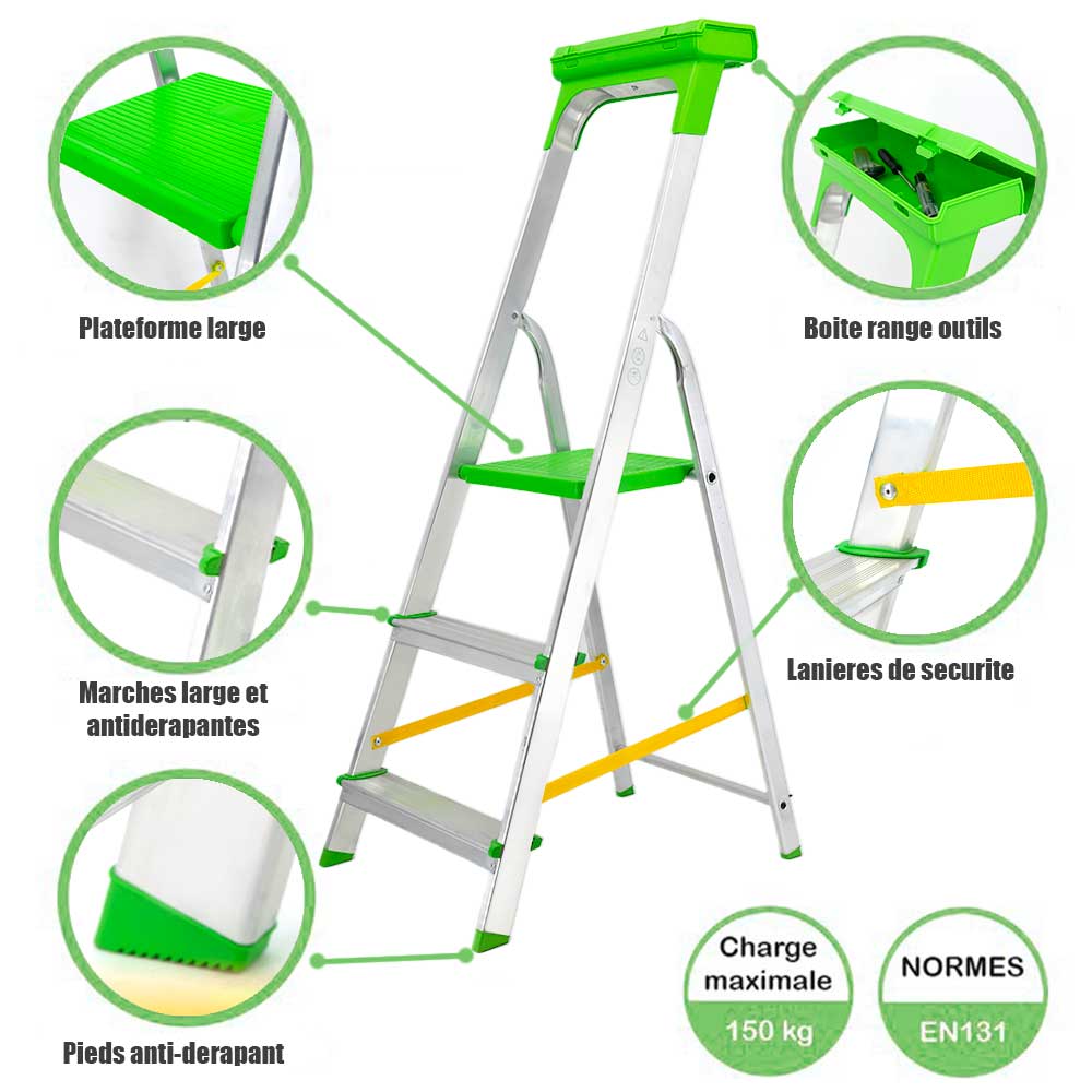 Escabeau pliable 3 marches Marchepied léger en aluminium 150 kg 62 cm Safetool - 2