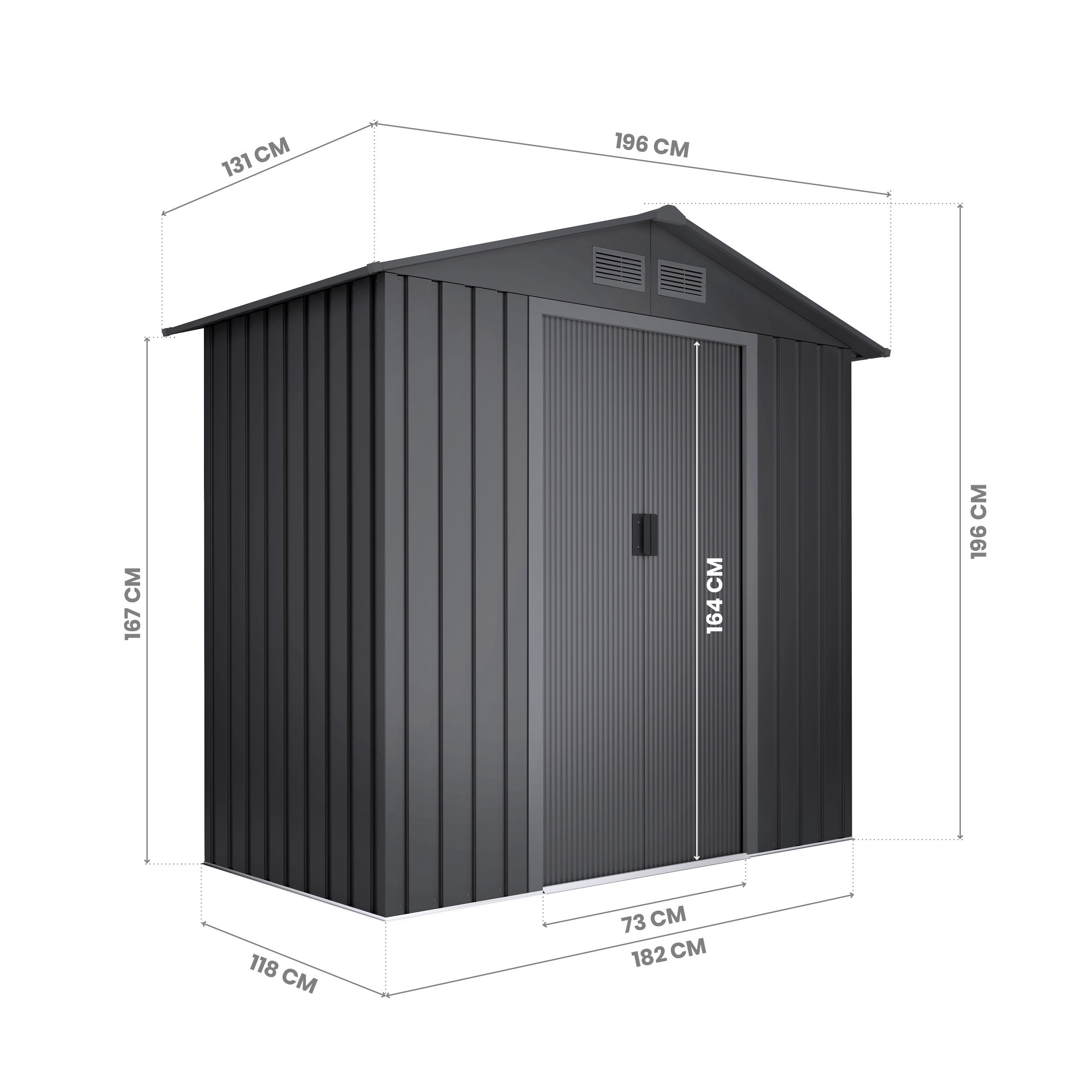 Caseta de jardín exterior 2,57m2 - 196x131x196cm - Puerta doble corredera - 4 respiraderos - Antracita - Metal - 4