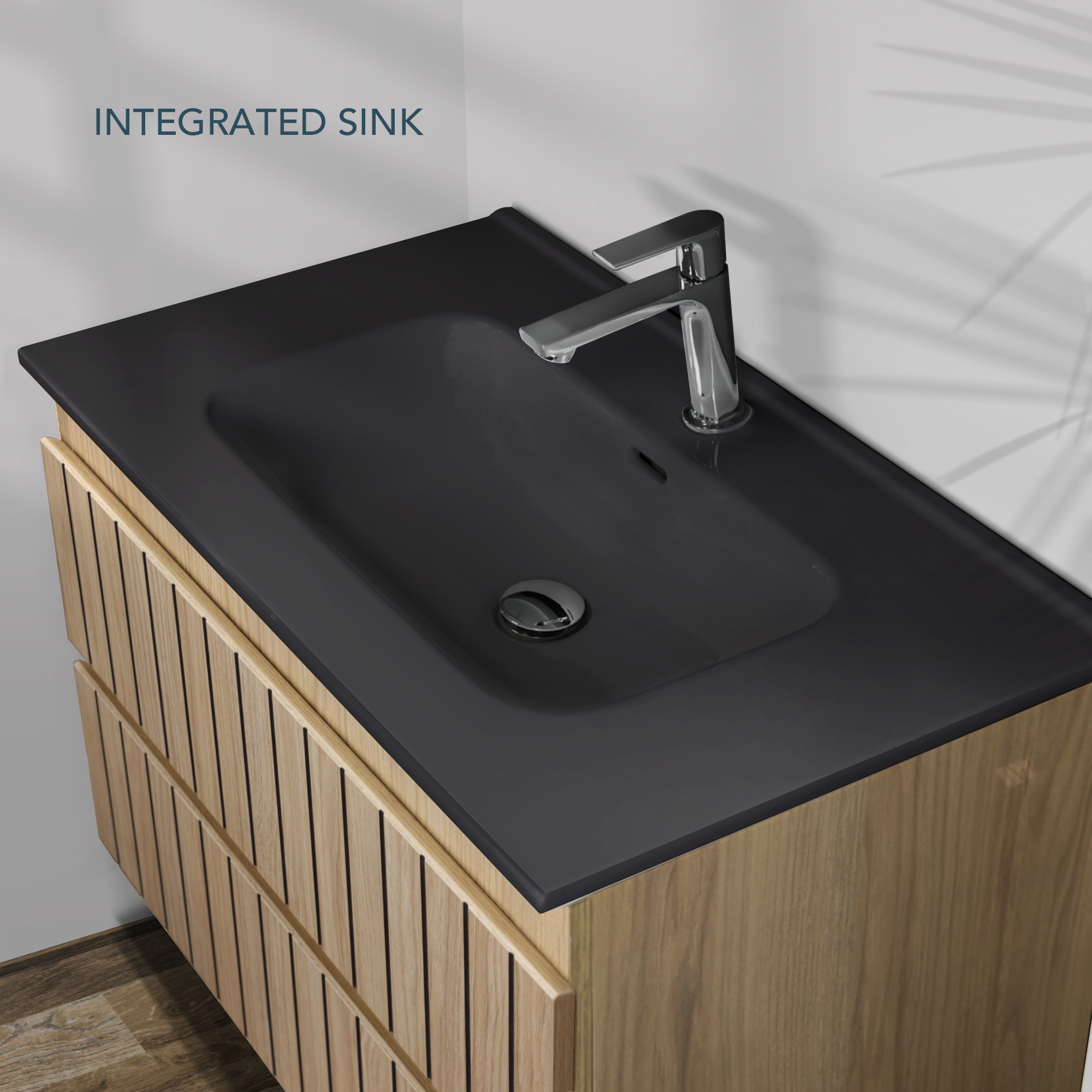 Feel Your Bath, Mueble Suspendido 60 cm, Color Roble Nórdico con 2 Cajones Soft Close y Encimera de Cerámica Negra Integrada – Serie TIGER - 4