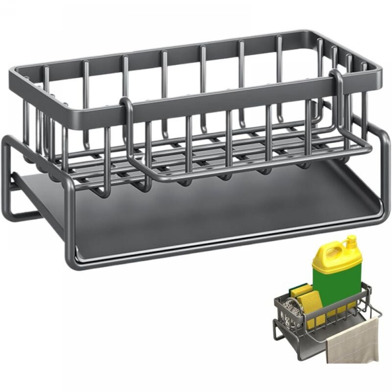 Organizer do zlewu kuchennego, organizer na gąbkę kuchenną ze stali nierdzewnej, akcesoria kuchenne z tacką ociekową i wieszakiem na ręczniki