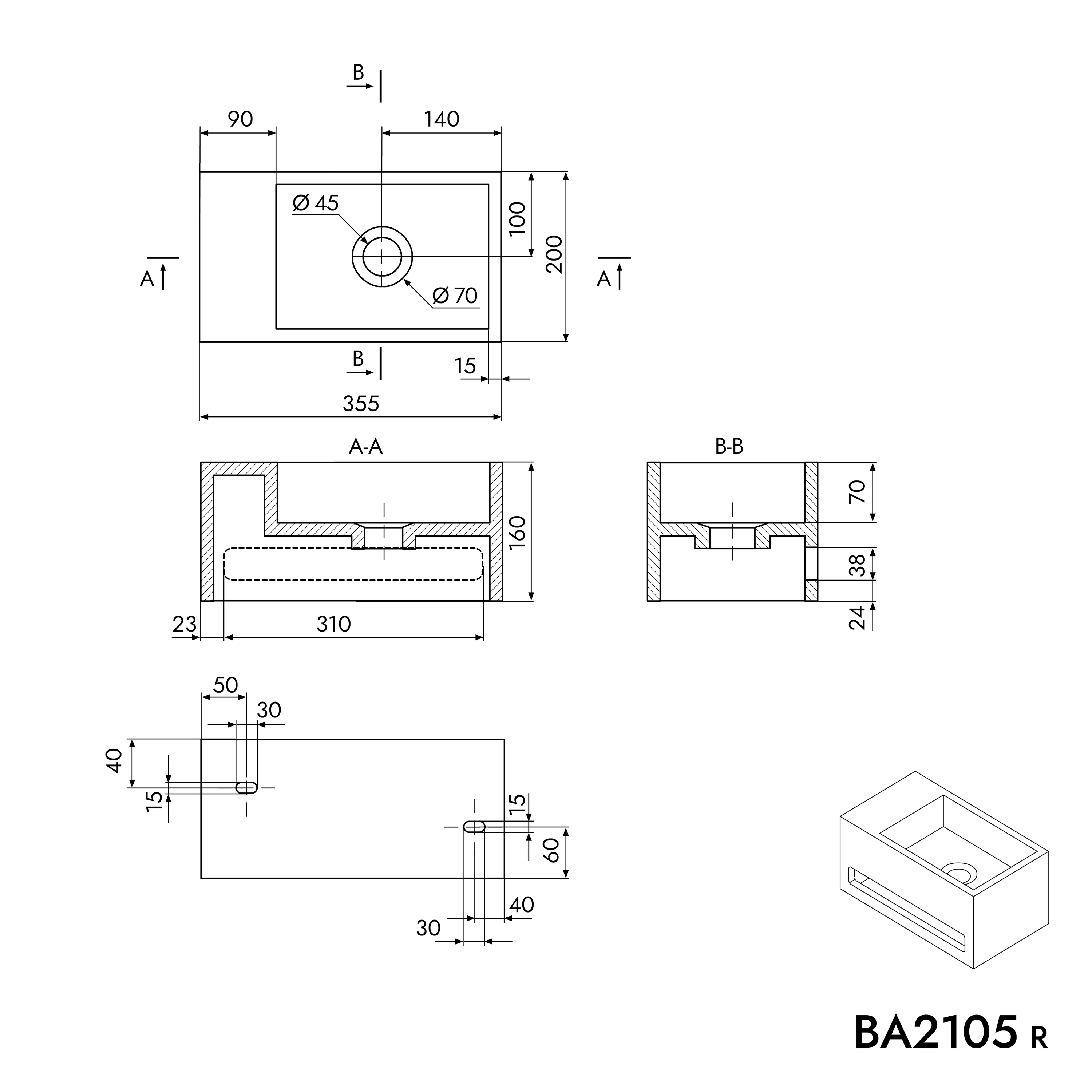 BERNSTEIN - Vasque murale design, Lave main fonte minérale Salle de bain - Blanc mat - 35,5x20x16cm - BA2105 Avec cache blanc et rangement à gauche - 5