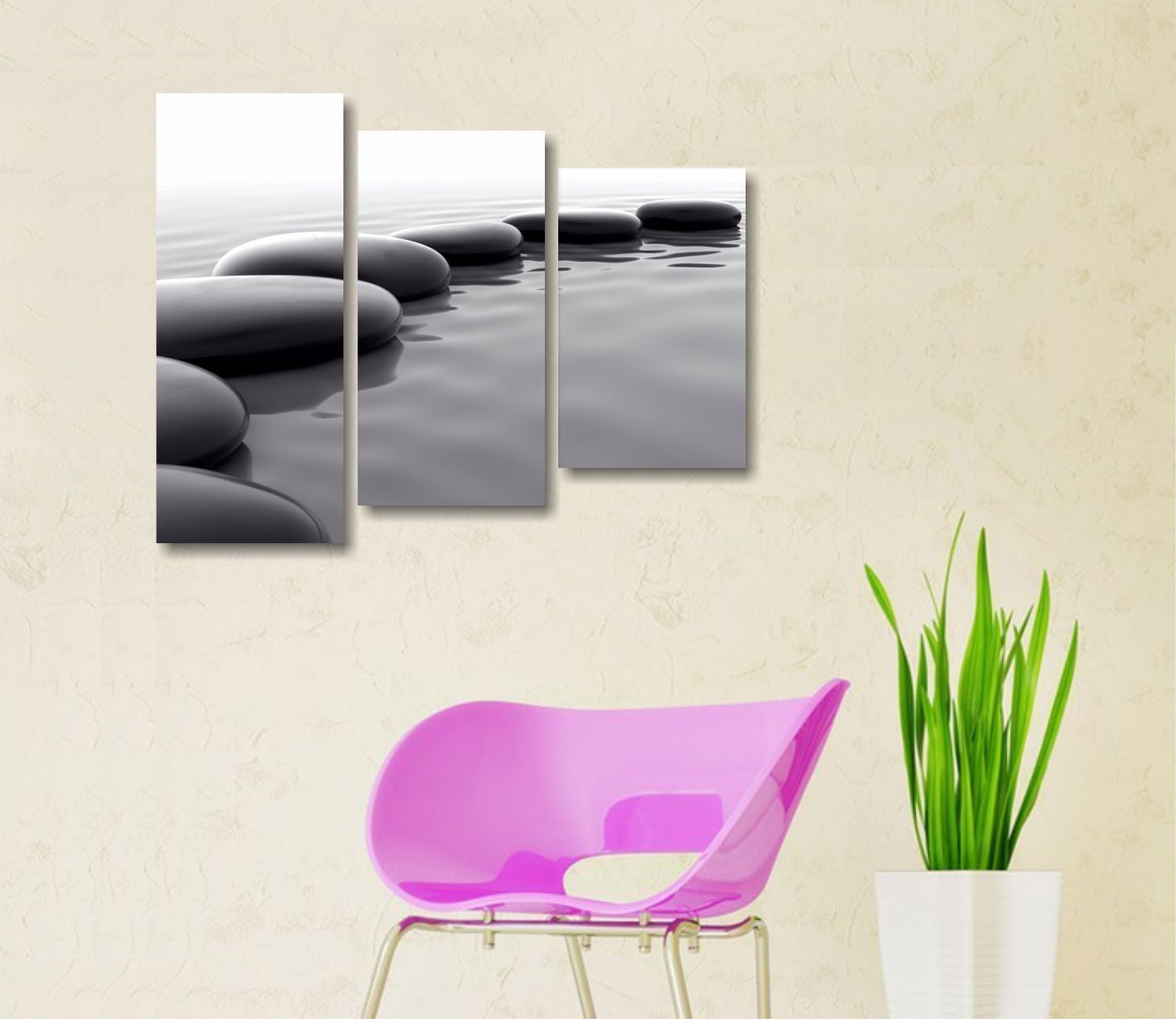 Tableau Déco Bambou Zen 152x78 Cm - Toile Avec Pierres Noires - Quadri L&C Italia