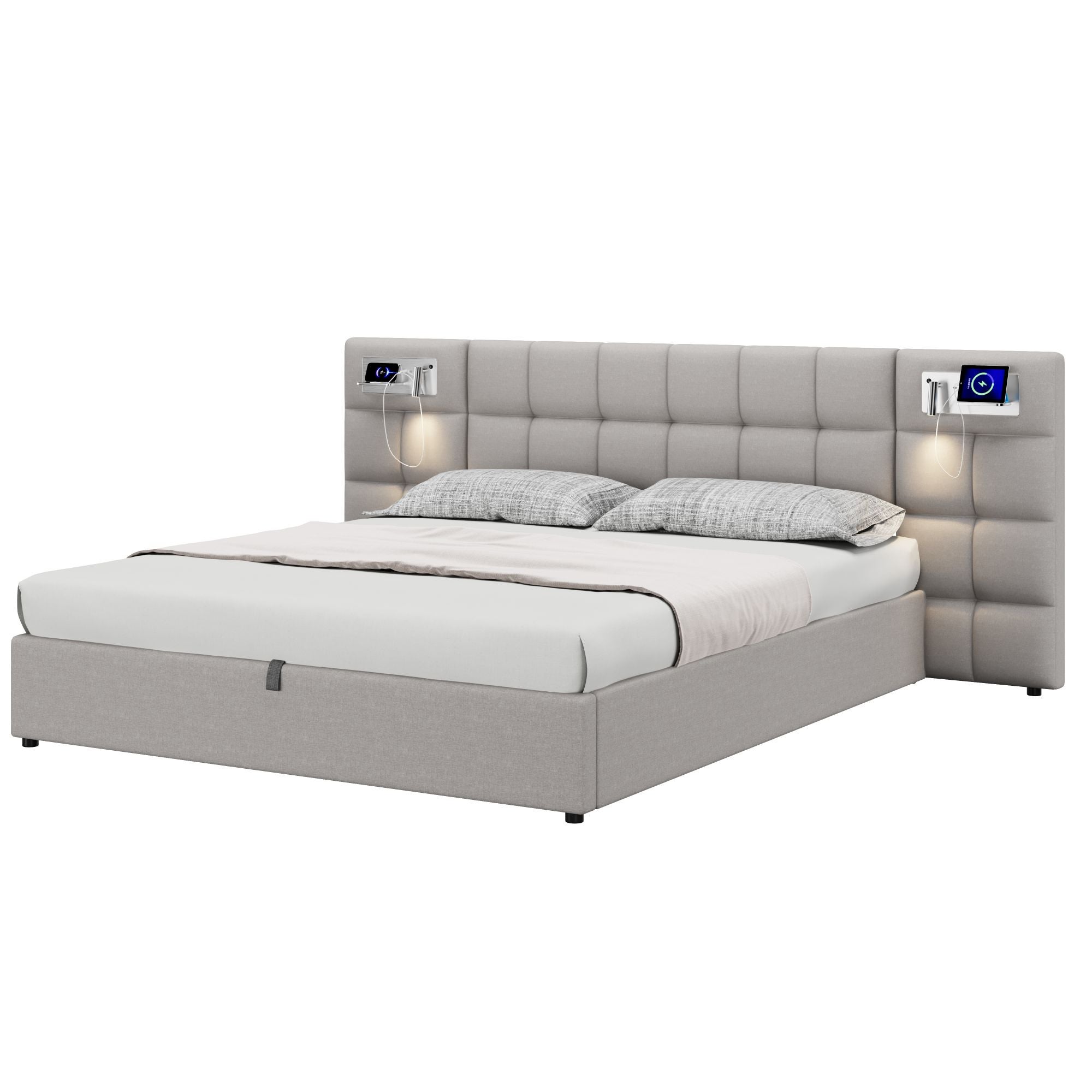 Cama contenedor de tela de lino 180x200 cm - con puerto USB, carga inalámbrica y LED - con somier - Gris - 4