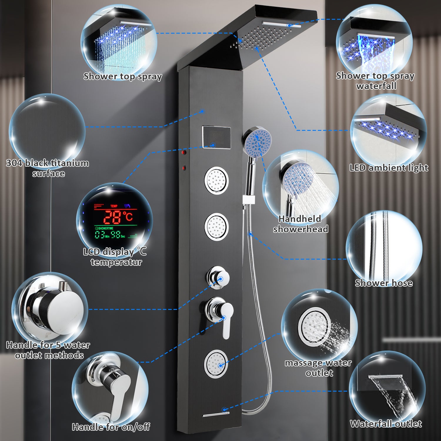 Panel de columna de ducha de hidromasaje con grifos, funciona 5 duchas a la vez, acero inoxidable 304, superficie de titanio negro - 3