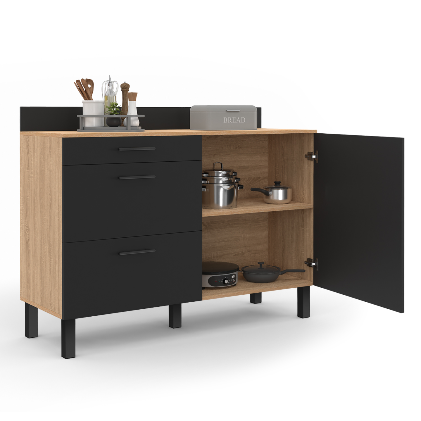 Buffet bas casserolier de cuisine 120 cm CINA plan de travail H.83 cm 1 porte + 3 tiroirs façon hêtre et noir - 5