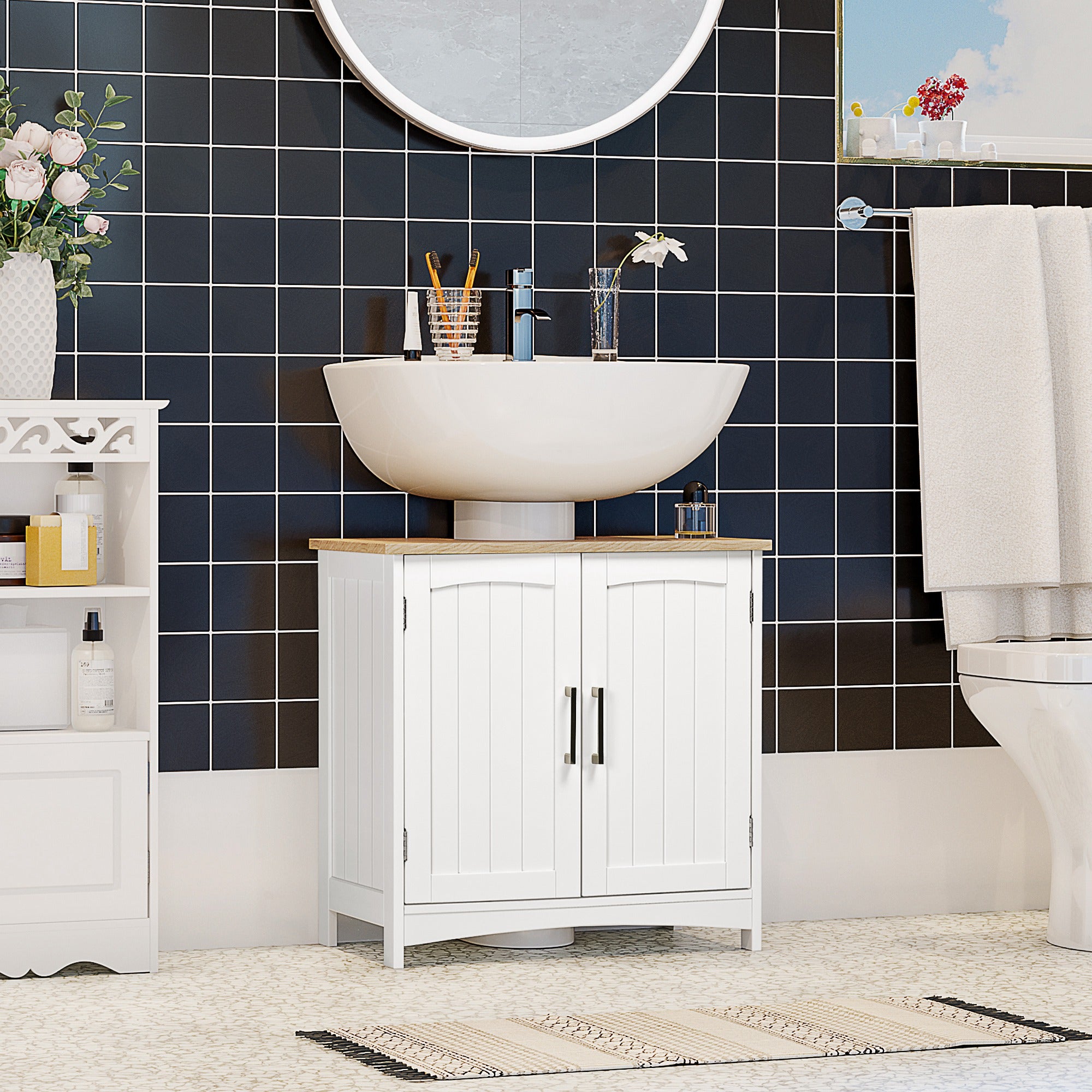 Kleankin Meuble Sous Lavabo 60x39x60 Cm - Armoire Salle De Bain 2 Portes Style Scandinave Cannage