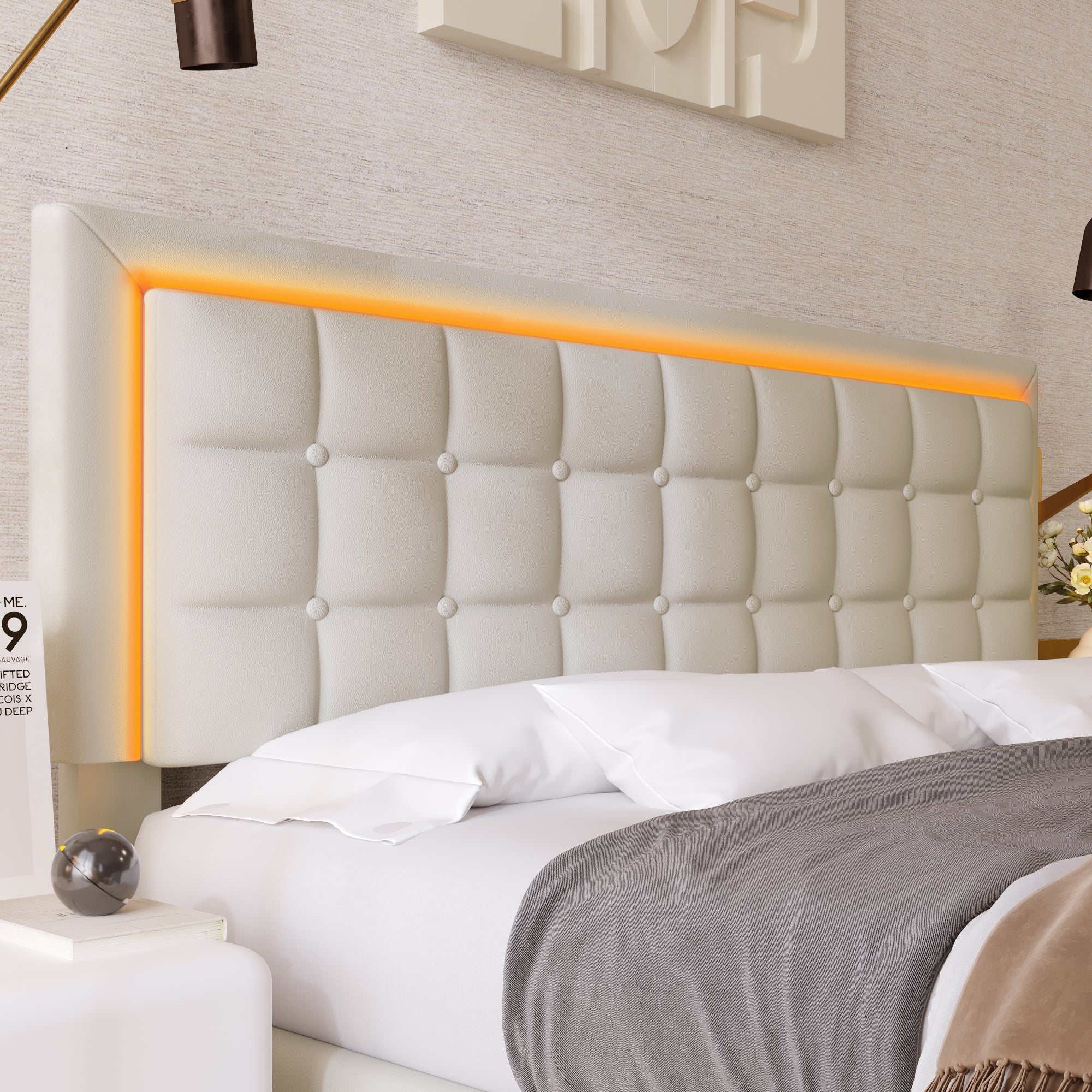 Łóżko z pojemnikiem 160x200 cm i oświetleniem LED w skórze ekologicznej – z podstawą z listew – białe - 6