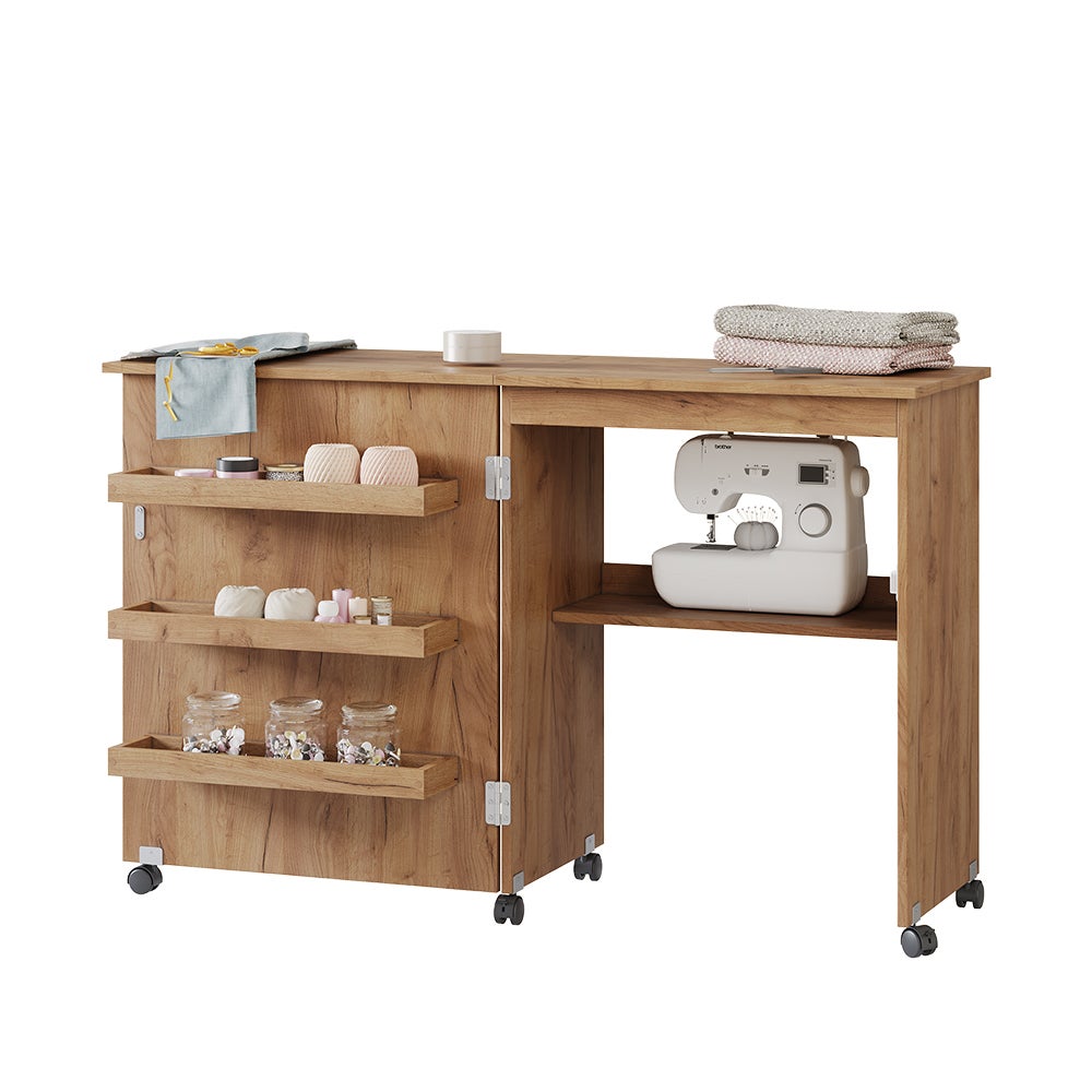 Vicco table de couture Carmen, Chêne, 118x77.5cm avec 3 étagères - 6