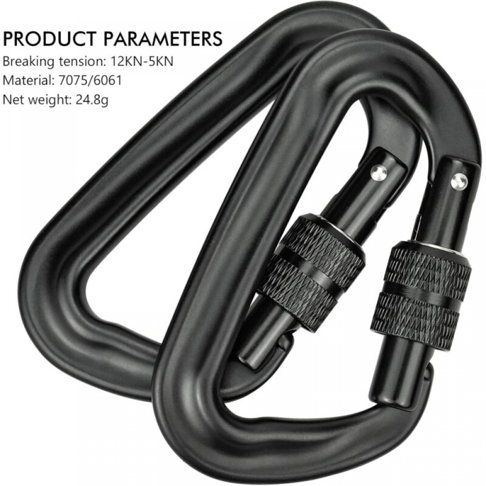 Lot de 2 mousquetons robustes en aluminium 12 kN (1 200 kg), en forme de D, pour hamac, yoga, balançoire, camping, porte-clés, verrouillage pour chien - 3