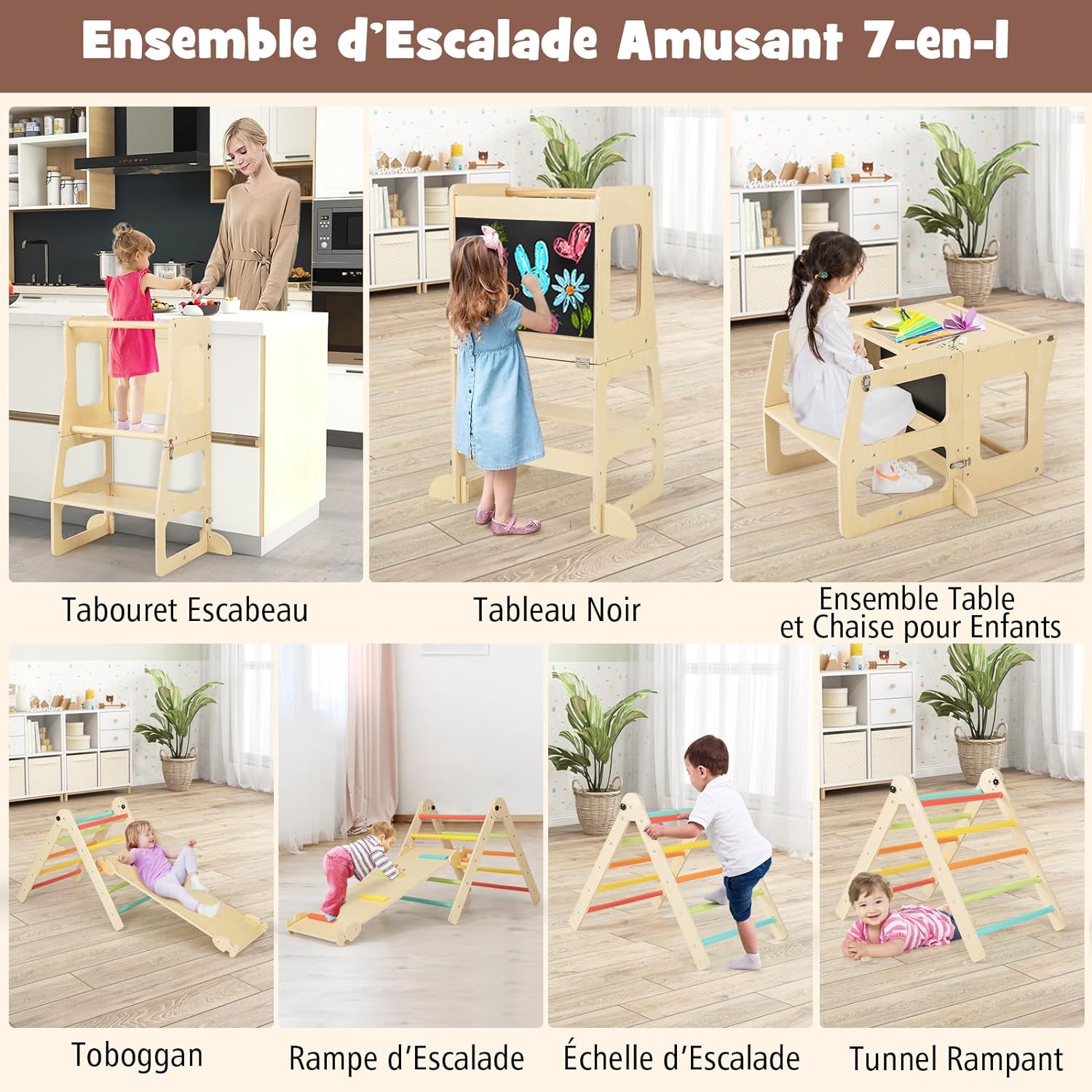 7 en 1 Triangle d'escalade Montessori avec Rampe Réversible, en Bois avec Tableau Noir, Table et Chaise, Charge 60kg (Multicolore) - 2