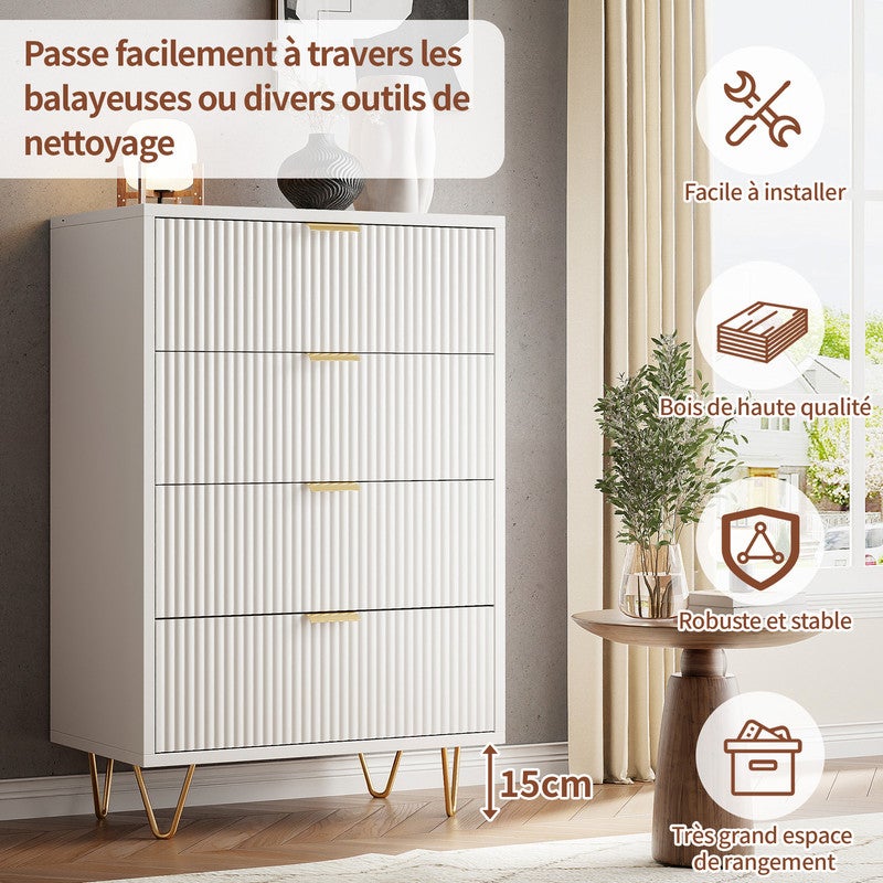 Commode à 4 tiroirs, poignées en métal, panneau plaqué, motif ondulé, portes peintes, buffet, meuble de rangement, blanc - 5