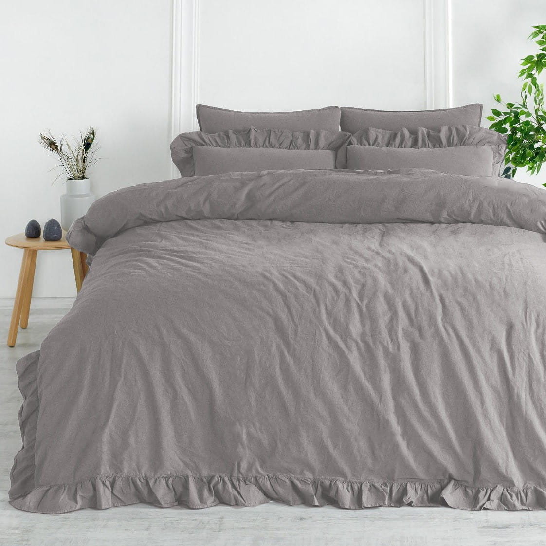 Pościel bawełniana z falbanką 160x200 Stonewashed Exclusive, Opal Grey, szara - Limasso