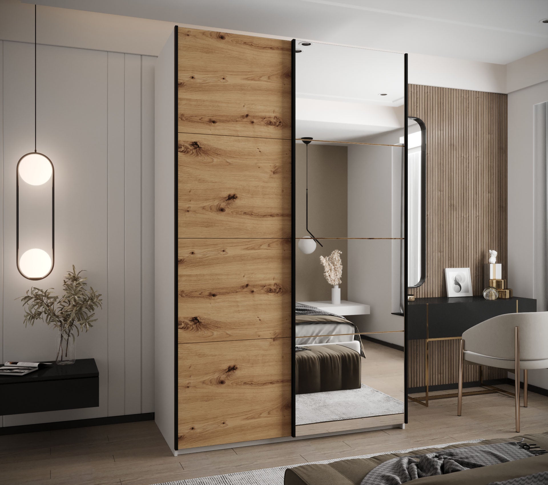 Szafa przesuwna wysoka Lux 3 160 x 64 x 245,5 cm biały + artisan + u. czarny - Abiks Meble - 2