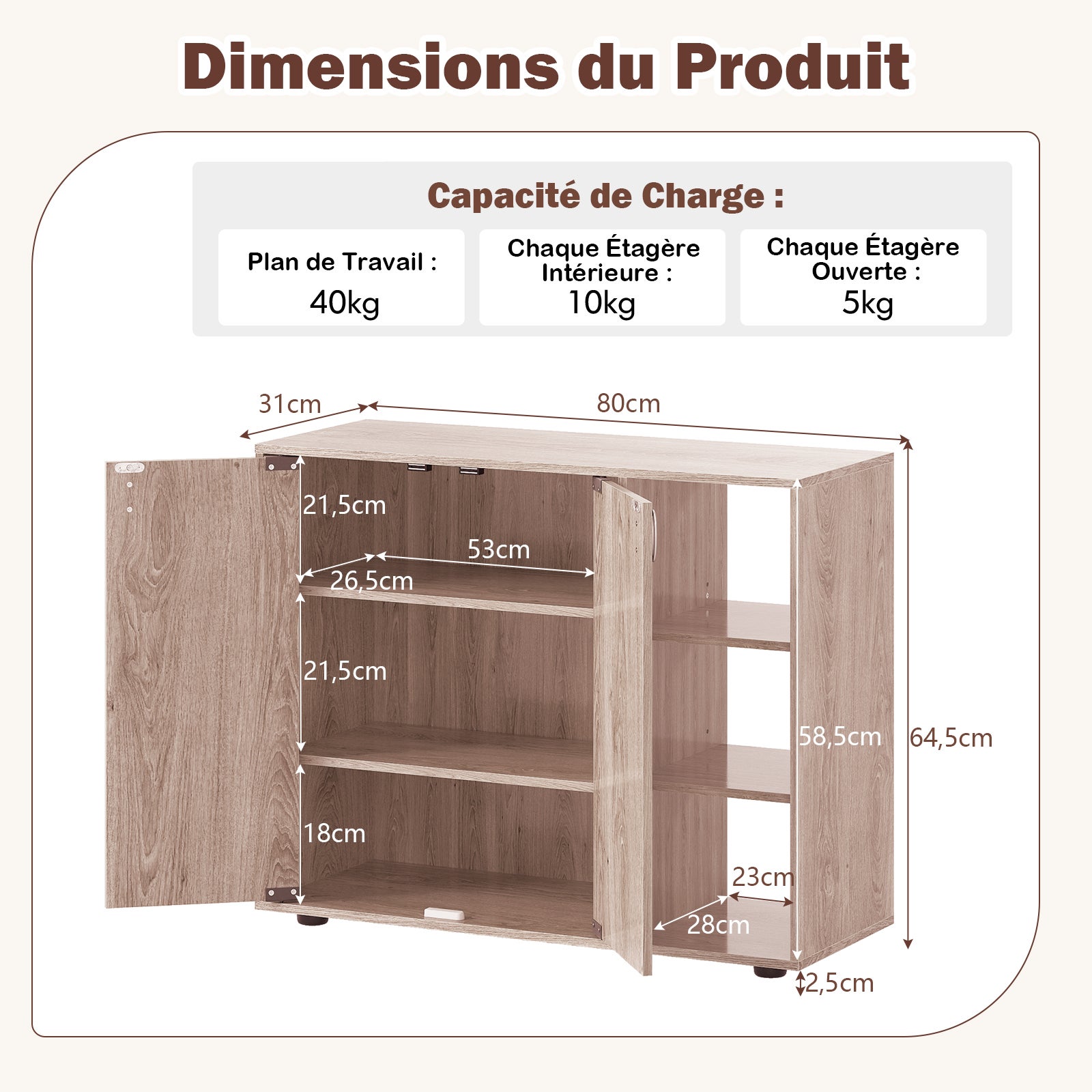 Meuble à Chaussures avec Portes, Range-Chaussures à 3 Niveaux avec Étagères Ouvertes Réglables, pour Entrée, Salon, Placard, 80 x 31 x 64,5 cm, Nature - 6