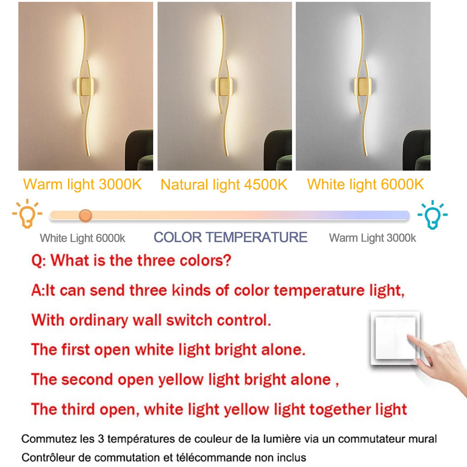 Applique murale LED 60 cm x 15 cm, lampe murale moderne en arc, lampe de chevet d'intérieur, plafonnier, 3 températures de couleur (3000 K-6000 K) - 4
