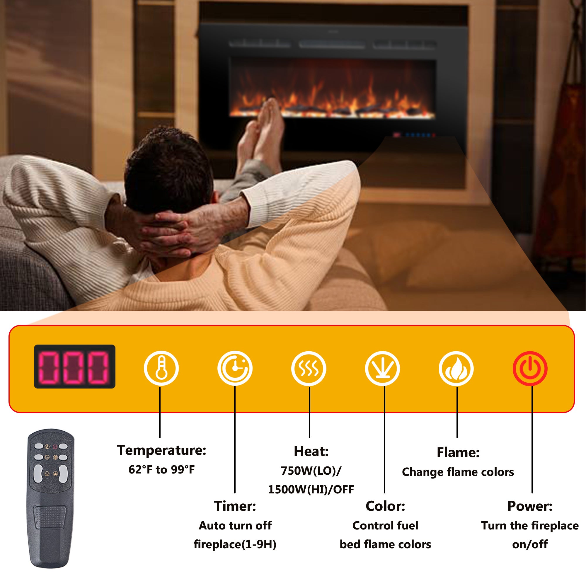 Parrot Uncle Chimenea Eléctrica Multifunción - 169 Efectos Llama, 13 Colores, 2 Niveles Calor 750W/1500W, Temporizador, Empotrada o Pared - 7