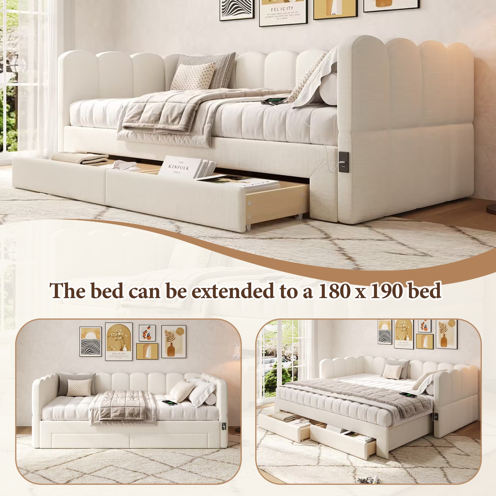 Łóżko wysuwane 90/180 x 190 cm z 2 szufladami, sofa rozkładana - Tkanina lniana - Port USB - Beżowy (Materac nie jest wliczony w cenę) - 9