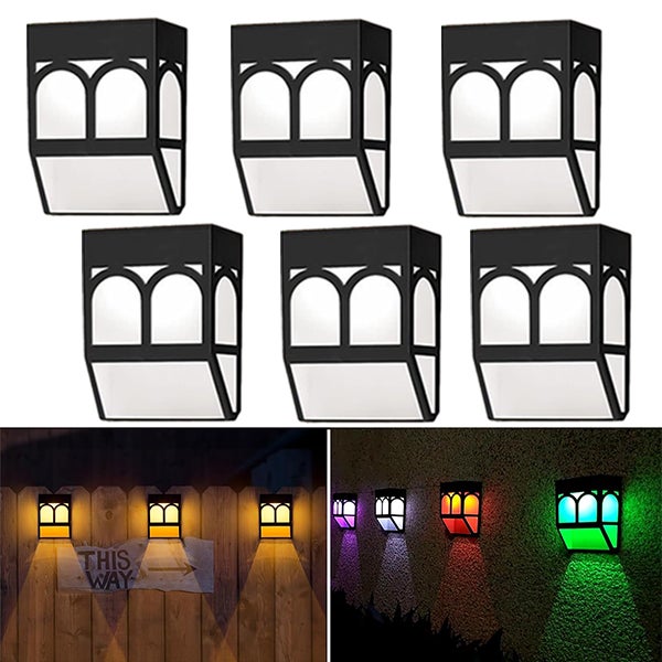 Zewnętrzna lampa solarna LED, 6 sztuk, solarny kinkiet na ogrodzenie, ciepłe światło + kolorowe światło