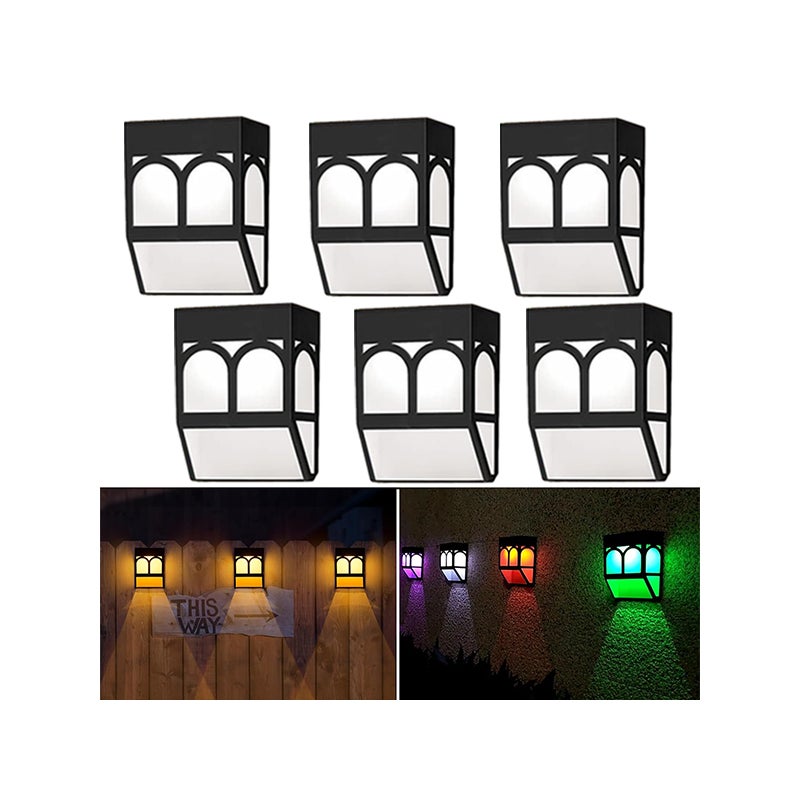 Zewnętrzna lampa solarna LED, 6 sztuk, solarny kinkiet na ogrodzenie, ciepłe światło + kolorowe światło
