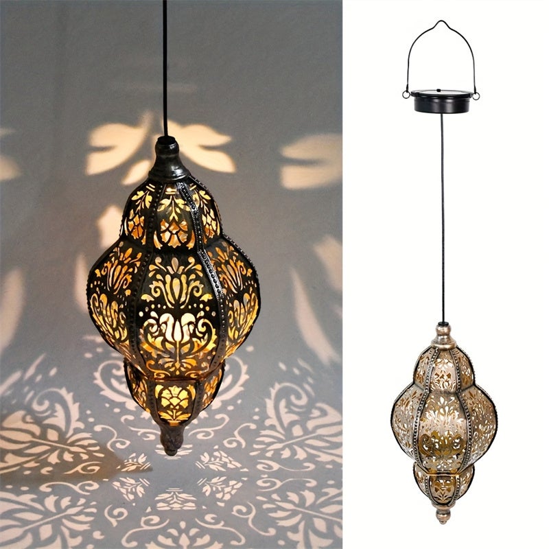 Zewnętrzna wisząca lampa solarna, ażurowy lampion-projektor z żelaza, lampa dekoracyjna na patio, do ogrodu, na trawnik, taras, werandę