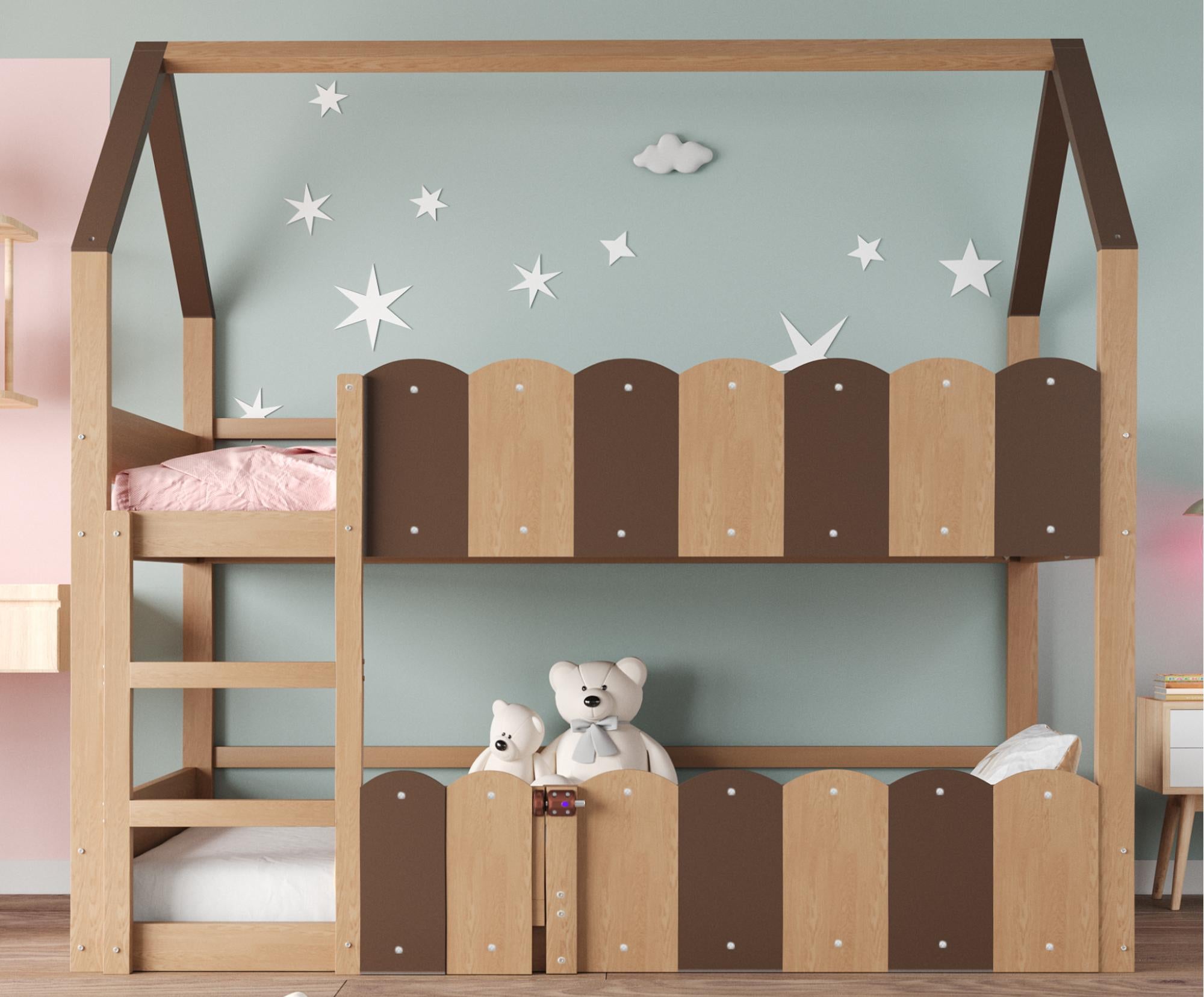 Piękne łóżko dziecięce 90 x 200 cm – w kształcie domku – z barierkami – naturalne (materac nie jest wliczony w cenę)