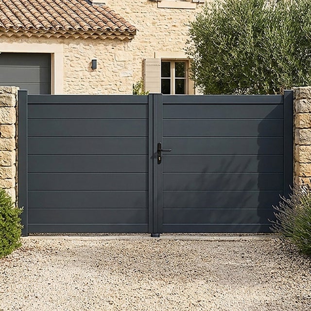Portail battant aluminium plein lame XXL H 1m80 x P 3m Gris 7016